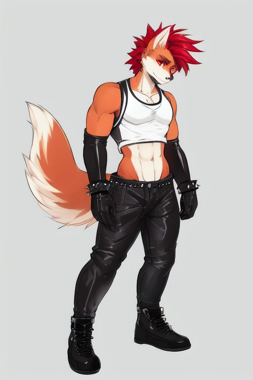 Furry, anthropomorphic wolf, orange fur, red hair, mohawk hairstyle, red eyes, 6'7 and 233, 50" Chest, 21" Shoulders, 17" Biceps, 36" Waist, 25" thighs, 17" calves, 20" back, shirtless, wearing black leather sleeveless biker vest, wearing white t-shirt with sleeves ripped off, V-neck t-shirt, wearing black leather pants, wearing black leather boots, wearing black bandana with yellow four pointed star on it, wearing red boxing gloves, pastel colors, soft colors, vivid colors, punk biker aesthetic
