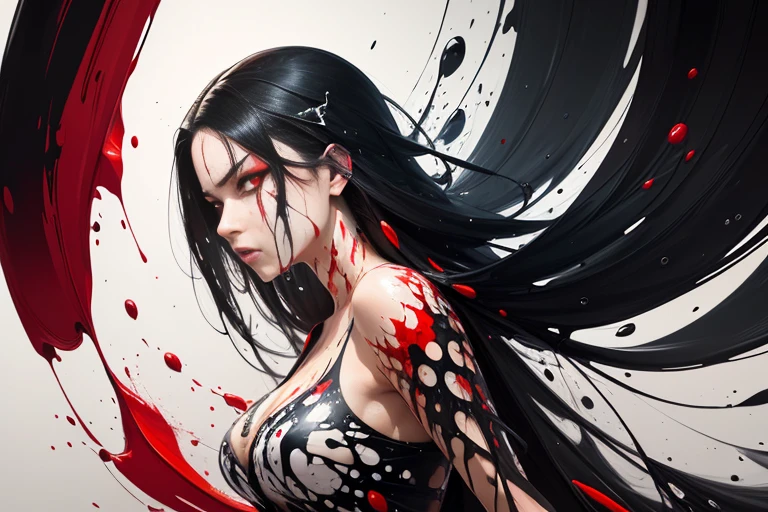 A young woman with black hair, Perfect proportions, (detailed eyes, eye correction, red eyes), long straight hair, anger and resentment, ((More liquid paint splashes)), sitting in beach pose, (Abstract art:1.6), (Delicate images), (Photorealistic: 1.4), (Highly detailed), (high resolution), (Best quality), (masterpiece)