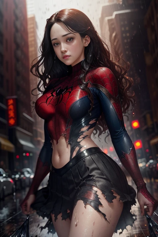 Rachel Weisz、マーベルコミックの映画Poster、so beautiful、Movies about Spider-Man、sexy、whole body、Wearing a skirt、Premiere Date、Poster、belly buttonを突き出す、new york、She's wearing a ripped Spiderman suit、The suit is torn、Wearing a skirt、Red and black color scheme、dynamic、masterpiece、highest quality、Super detailed、Very detailed、Delicate and beautiful shine、Ultra-high resolution、Cinematic、break、breakドロップ、(Torn clothes:1.5)、(Wet clothes:1.4)、Bare shoulders、Real Rain、Wet Hair、belly button、Exposed Skin、sexyな肩を披露