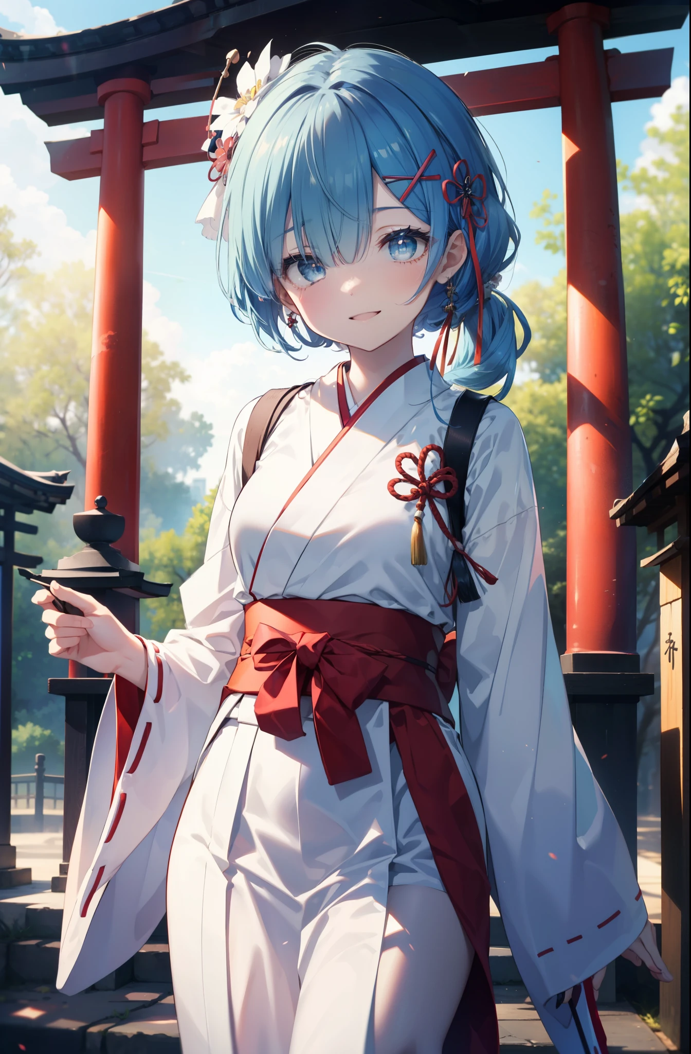 rezeroRem, Rem, blue eyes, blue hair, hair ornaments, hair above one eye, long hair,hair ribbon, x hair ornaments,happy smile, smile, open your mouth,skirt,Platycodon grandiflorum,Miko, white kimono, red hakama,white foot bag,Zori sandals,kimono, skirtと同様に, wide sleeve, long sleeve, ribbon trim sleeves, とてもlong hair, dull bangs, low ponytail, 
looking at the viewer, Are standing, 
break outdoors,shrine,torii,
break looking at viewer, whole body,Upper body,,(cowboy shot:1.5),
break (masterpiece:1.2), highest quality, High resolution, unity 8k wallpaper, (shape:0.8), (fine and beautiful eyes:1.6), extRemely detailed face, perfect lighting, extRemely detailed CG, (perfect hands, perfect anatomy),