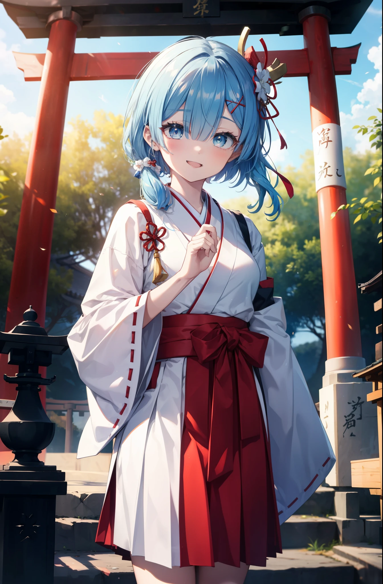 rezeroRem, Rem, blue eyes, blue hair, hair ornaments, hair above one eye, long hair,hair ribbon, x hair ornaments,happy smile, smile, open your mouth,skirt,Platycodon grandiflorum,Miko, white kimono, red hakama,white foot bag,Zori sandals,kimono, skirtと同様に, wide sleeve, long sleeve, ribbon trim sleeves, とてもlong hair, dull bangs, low ponytail, 
looking at the viewer, Are standing, 
break outdoors,shrine,torii,
break looking at viewer, whole body,Upper body,,(cowboy shot:1.5),
break (masterpiece:1.2), highest quality, High resolution, unity 8k wallpaper, (shape:0.8), (fine and beautiful eyes:1.6), extRemely detailed face, perfect lighting, extRemely detailed CG, (perfect hands, perfect anatomy),