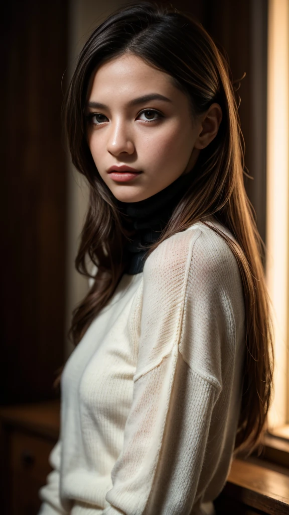 Superior quality, masterpiece, ultra high res, ((ultra sharp focus)) (photorealistic:1.4), raw photo, 1girl, very long hair, black hair, Hair over shoulders, female human ear, shining brown eyes and face, cute expression, black turtleneck sweater, warm cinematic lighting, in the dark, deep shadow, low key