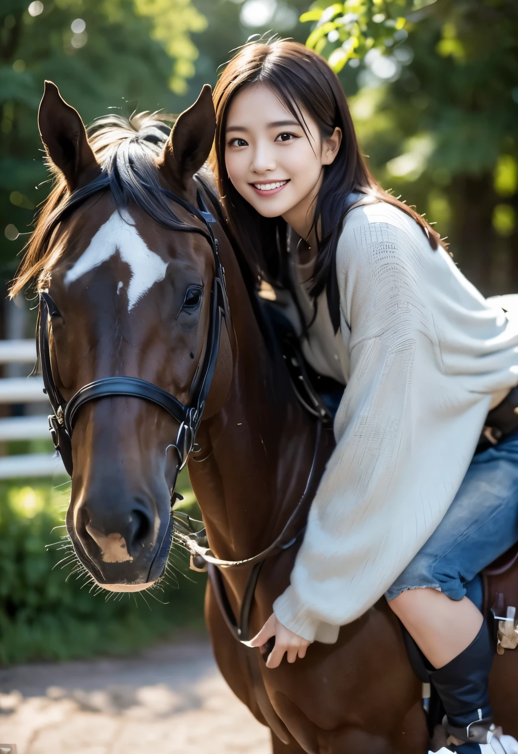 (((horse riding:1.3, outdoor,Photographed from the front))), ((long hair:1.3,knight,japanese woman,Smile,cute)), (clean, natural makeup), (highest quality, masterpiece:1.3, 超High resolution), (Super detailed, caustics), (realistic:1.4, RAW shooting), very detailed, High resolution, 16K resolution