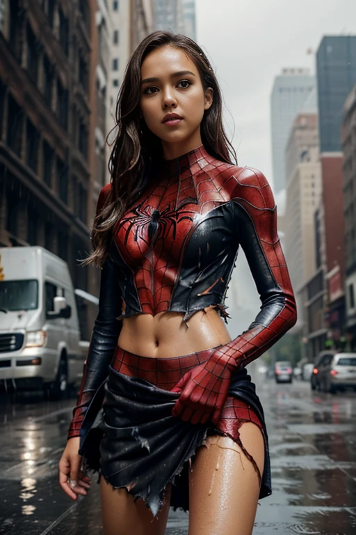 jessica alba、マーベル・コミック映画のposter, very beautiful, movies about spiderman, sexy, whole body, I'm wearing a skirt、premiere date, poster、belly buttonを突き出す、new york、she&#39;s wearing a torn spiderman suit,the suit is torn、wearing a skirt、 red and black color scheme,dynamic、masterpiece、highest quality、super detailed、very detailed、Detailed beautiful shine、超A high resolution、cinematic,tear,teardrop,(torn clothes:1.5), (wet clothes:1.4), bare shoulders,real rain,wet hair,belly button、exposing skin、sexyな肩を見せてる