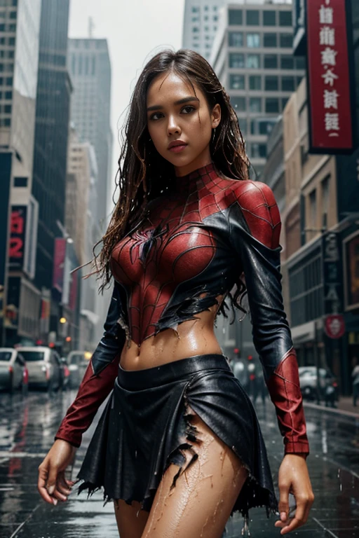 jessica alba、マーベル・コミック映画のposter, very beautiful, movies about spiderman, sexy, whole body, I'm wearing a skirt、premiere date, poster、belly buttonを突き出す、new york、she&#39;s wearing a torn spiderman suit,the suit is torn、wearing a skirt、 red and black color scheme,dynamic、masterpiece、highest quality、super detailed、very detailed、Detailed beautiful shine、超A high resolution、cinematic,tear,teardrop,(torn clothes:1.5), (wet clothes:1.4), bare shoulders,real rain,wet hair,belly button、exposing skin、sexyな肩を見せてる