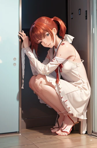 A Female robot is sleeping in bedroom, spread legs, nude, banzai pose. she wears no dress. She Brown short hair is tied with two big red clothespins, She lifts up the under hem of her white plain dress, leaning over, masterpiece, very short pigtails,brown hair, mature, android, blue eyes, full body figure, Height: 160cm, flushed cheeks, 2020s anime picture, A beautiful robot with short brown hair in two short pigtails held up by two very large huge red clothespins, Uplifting, No NSFW, whole body, barefoot, archaic smile, getting orgasm, 25 years old, sweat bucket. 