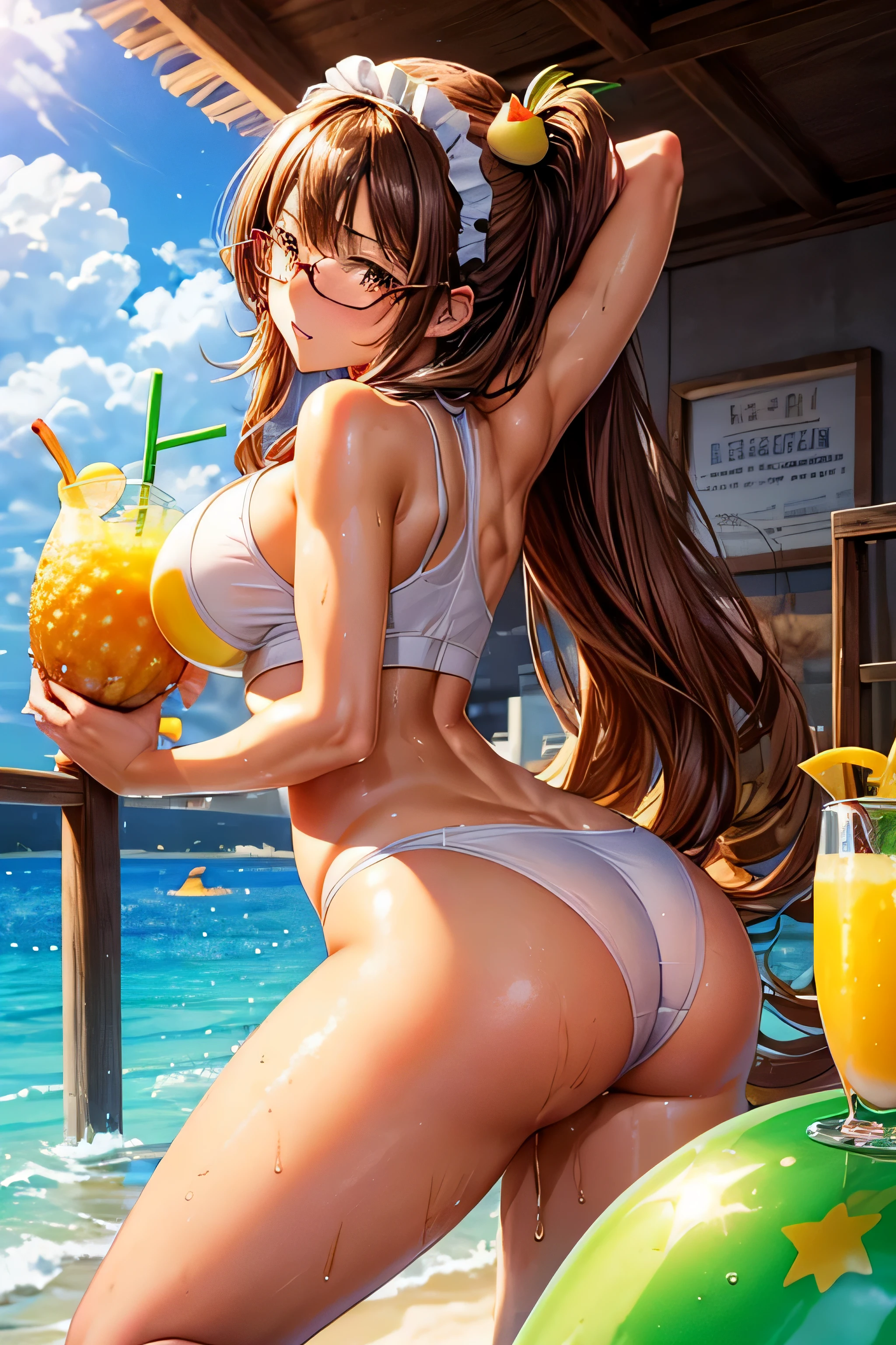 High resolution, high quality, 1 girl, anime girl, brown long hair, brown eyes, Green glasses, tanned skin, big breasts, (big ass),beautiful butt,sweat,wet,highleg waitress,arms behind head,(drink lots of juice),(Inflate your stomach),(lemonade),(lemon juice),(orange juice),(mango juice),(Pineapple juice),(apple juice),(peach juice),(water),at church,