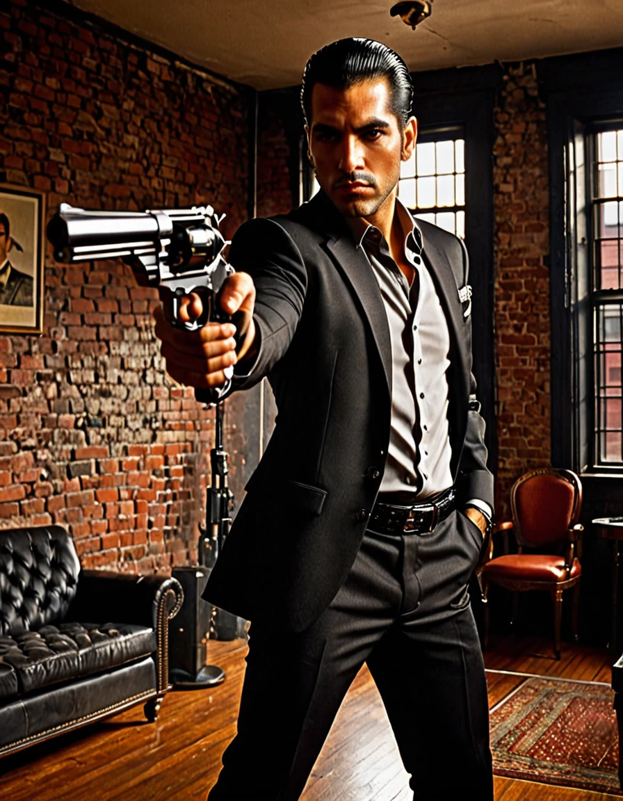 (better lighting, alto contraste, sharp details), (uma pessoa:1.2+Macho) mafioso, terno preto e gravata, camisa branca, black pants, sapatos pretos polidos, standing, dynamic action pose, segurando pistolas duplas, bereta 92, flash de focinho, capsules, Gun Smoke, buracos de bala, visando o espectador, cabelo preto, Cabelo castanho, cabelo curto, cabelos arrumados, 28 anos, Intense action, Brooklyn, sophisticated apartment setting, cores vivas, high saturation, dramatic shadows.