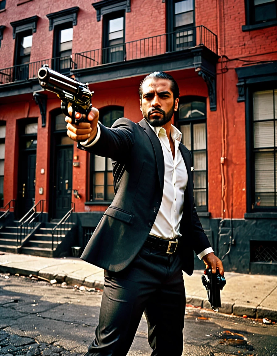 (better lighting, alto contraste, sharp details), (uma pessoa:1.2+Macho) mafioso, terno preto e gravata, camisa branca, black pants, sapatos pretos polidos, standing, dynamic action pose, segurando pistolas duplas, bereta 92, flash de focinho, capsules, Gun Smoke, buracos de bala, visando o espectador, cabelo preto, Cabelo castanho, cabelo curto, cabelos arrumados, 28 anos, Intense action, Brooklyn, sophisticated apartment setting, cores vivas, high saturation, dramatic shadows.