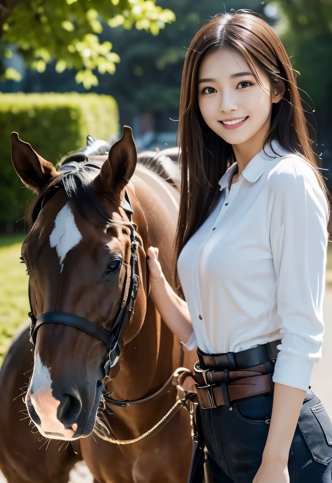 (((horse riding:1.3, outdoor,Photographed from the front))), ((long hair:1.3,knight,japanese woman,Smile,cute)), (clean, natural makeup), (highest quality, masterpiece:1.3, 超High resolution), (Super detailed, caustics), (realistic:1.4, RAW shooting), very detailed, High resolution, 16K resolution