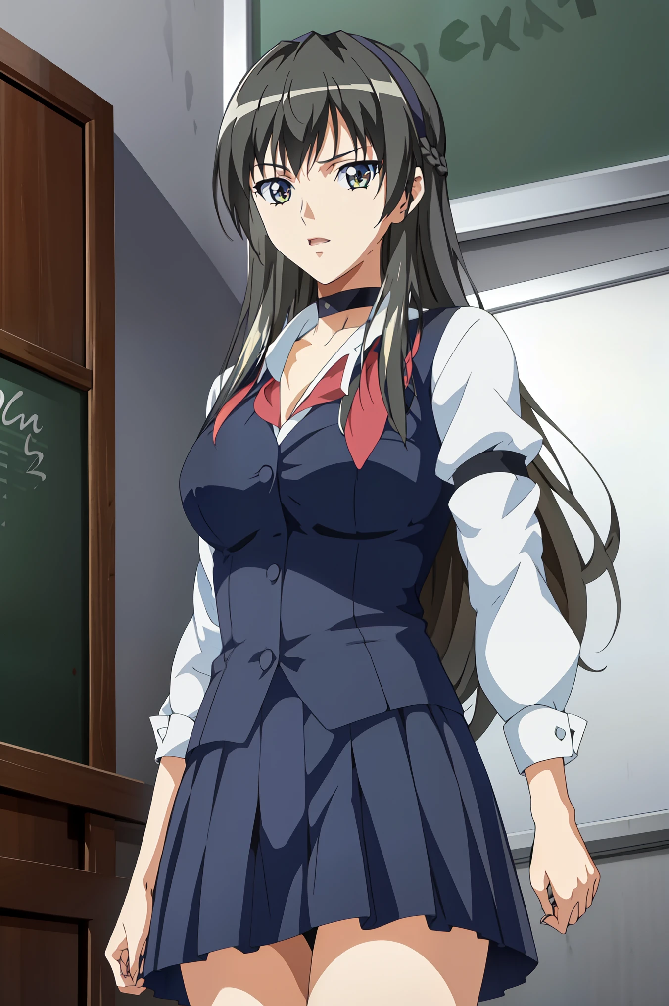 masterpiece,highest quality, High resolution,highly detailed face, Detailed CG,1 girl, choker, bangs,black hair, hair band, long hair,green_eye,1 girl, 20's style,perfect balance,female teacher,Ladies Suits,Tight Skirt,classroom,
stylish pose, stylish angle,looking at the viewer, in the center of the image,cowboy shot,
