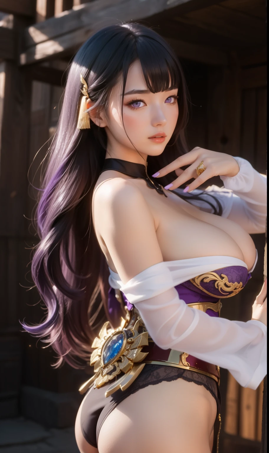 (ultra realistic photo, 8k uhd, full of details in clothes and face, masterpiece, girl goddess of beauty). Shogun Raider from Genshin Impact is a sexy woman with long, flowing purple hair, who wears a highly detailed sexy lingerie, she wears a jewel on the side of her head adorned with gold details and a gem in the center. - She wears a purple and pink outfit with gold details, with ornate designs in gold. The upper part of the armor is tight to the body, highlighting its curves. (she has long breasts, huge and perfect breasts emerging from her sexy, erotic cleavage, sharp pointed BREASTS), ((transparent micro panties showing pussy, perfect pussy)), defined body, body with curves, big perky ass, pussy showing, His arms are covered in armored gloves that have similar designs in gold and are attached to his upper arm by straps. - A piece of cloth flows from his waist, complementing the armor look. - Her face is very beautiful, she has light pink eyes and a serious expression. - In the background, there is a dramatic sky full of dark clouds and lightning lighting the scene. A full moon is also visible between the clouds.