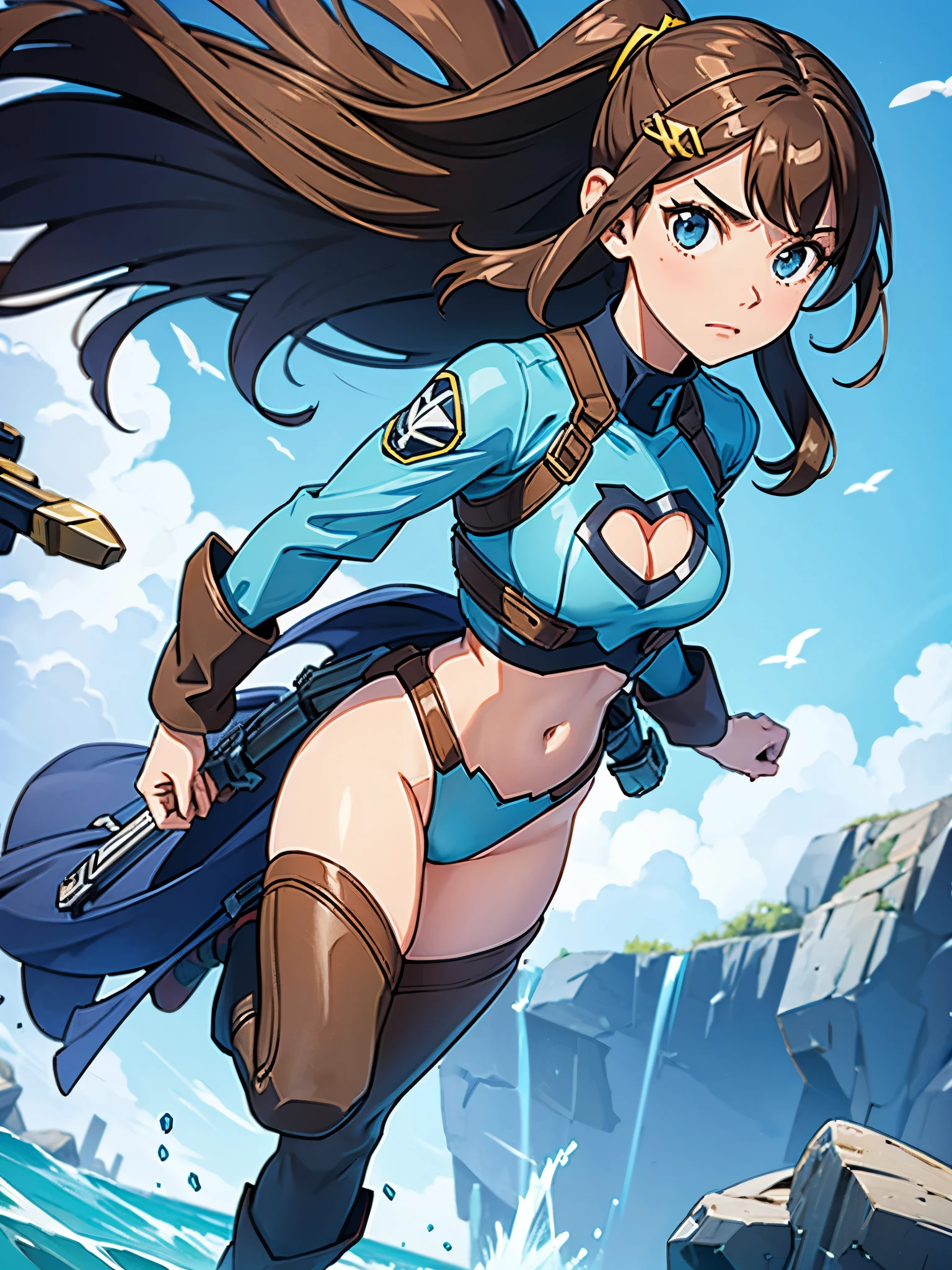 1girl, brown hair, aquamarine eyes, boots, breasts, bracelets, cleavage cutout, clothing cutout, full body, hair ornament, hairclip, long hair, leotard, medium breasts, midriff, navel, solo, standing, superhero