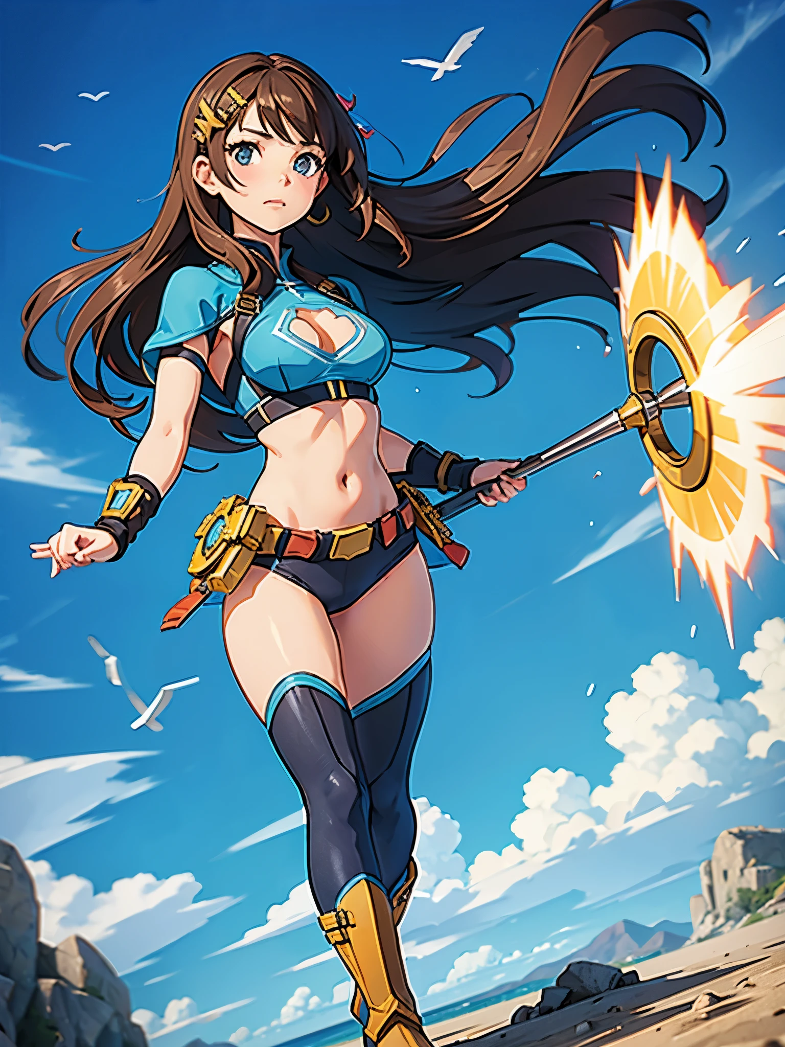1girl, brown hair, aquamarine eyes, boots, breasts, bracelets, cleavage cutout, clothing cutout, full body, hair ornament, hairclip, long hair, leotard, medium breasts, midriff, navel, solo, standing, superhero