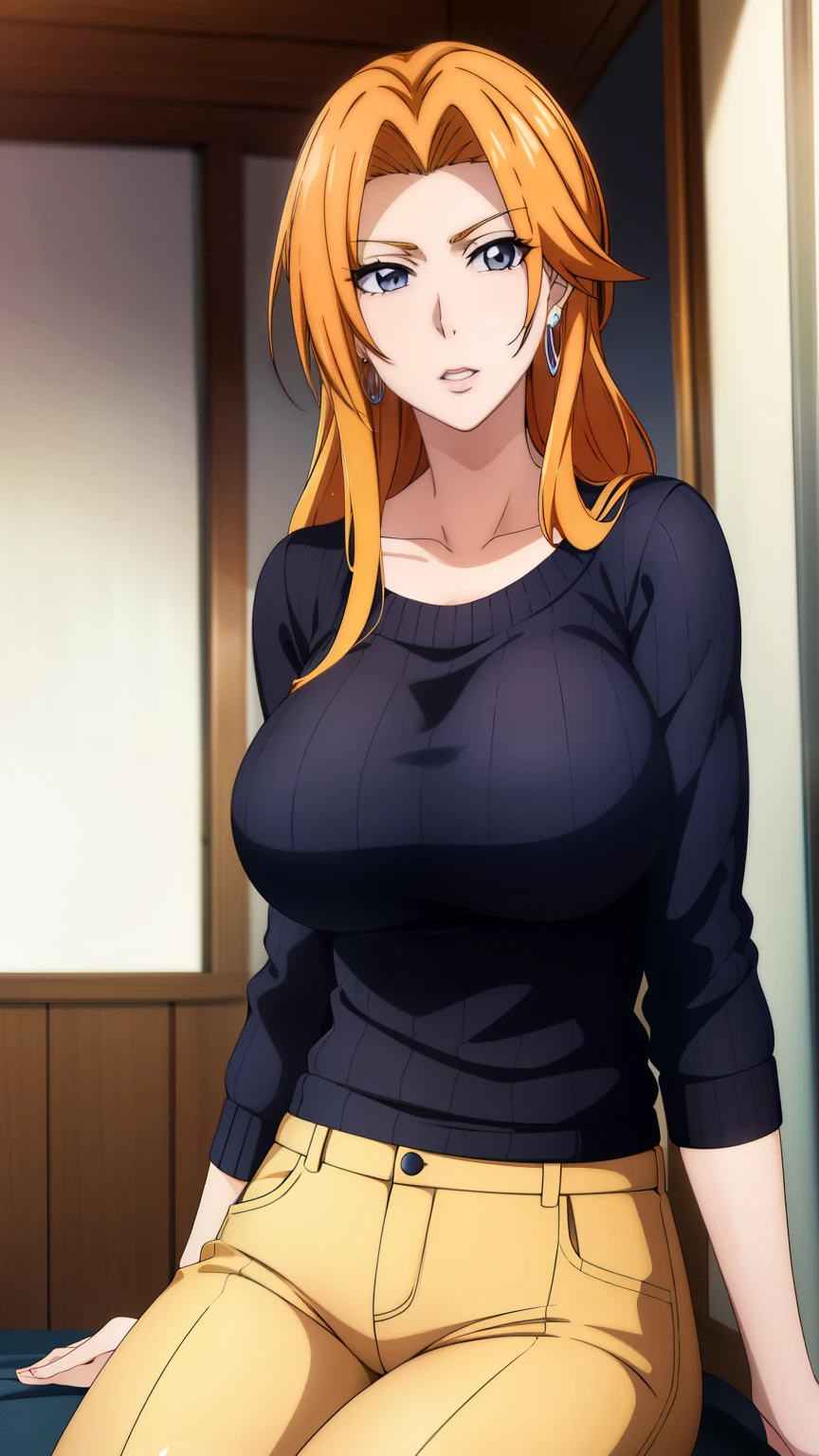 Rangiku Matsumoto, long hair, gray eyes, orange hair, parted bangs,20's style,big breasts,adult,Sexy expression,A relaxed expression,
(sweater,hot pants,earrings,room,sitting,), alone,
masterpiece, highest quality, High resolution, perfect lighting, Very detailed CG, perfect hands, perfect anatomy,stylish pose, stylish angle,looking at the viewer, in the center of the image,cowboy shot,