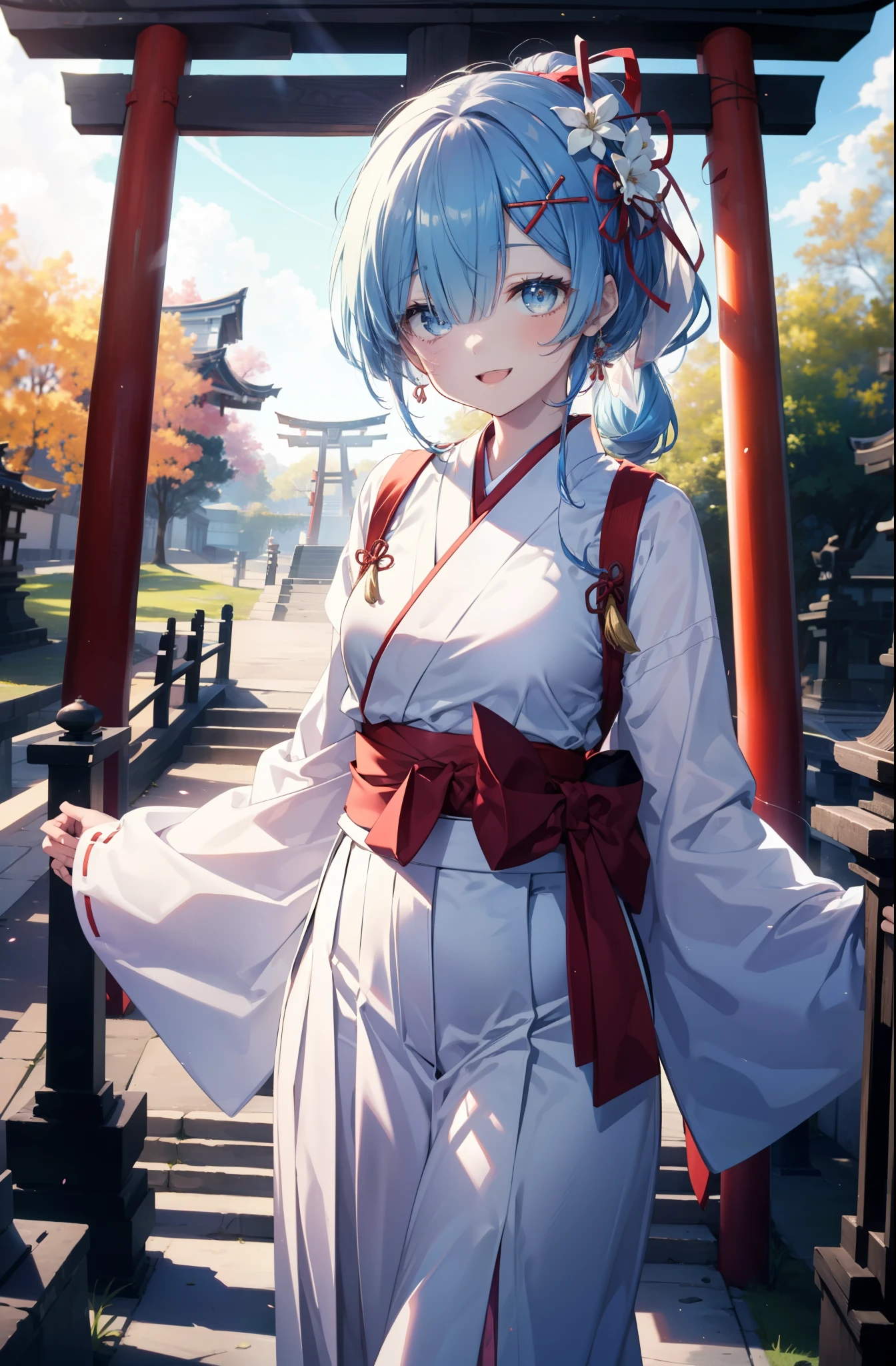 rezeroRem, Rem, blue eyes, blue hair, hair ornaments, hair above one eye, long hair,hair ribbon, x hair ornaments,happy smile, smile, open your mouth,skirt,Platycodon grandiflorum,Miko, white kimono, red hakama,white foot bag,Zori sandals,kimono, skirtと同様に, wide sleeve, long sleeve, ribbon trim sleeves, とてもlong hair, dull bangs, low ponytail, 
break outdoors,shrine,torii,
break looking at viewer, whole body,Upper body,,(cowboy shot:1.5),
break (masterpiece:1.2), highest quality, High resolution, unity 8k wallpaper, (shape:0.8), (fine and beautiful eyes:1.6), extRemely detailed face, perfect lighting, extRemely detailed CG, (perfect hands, perfect ???????),