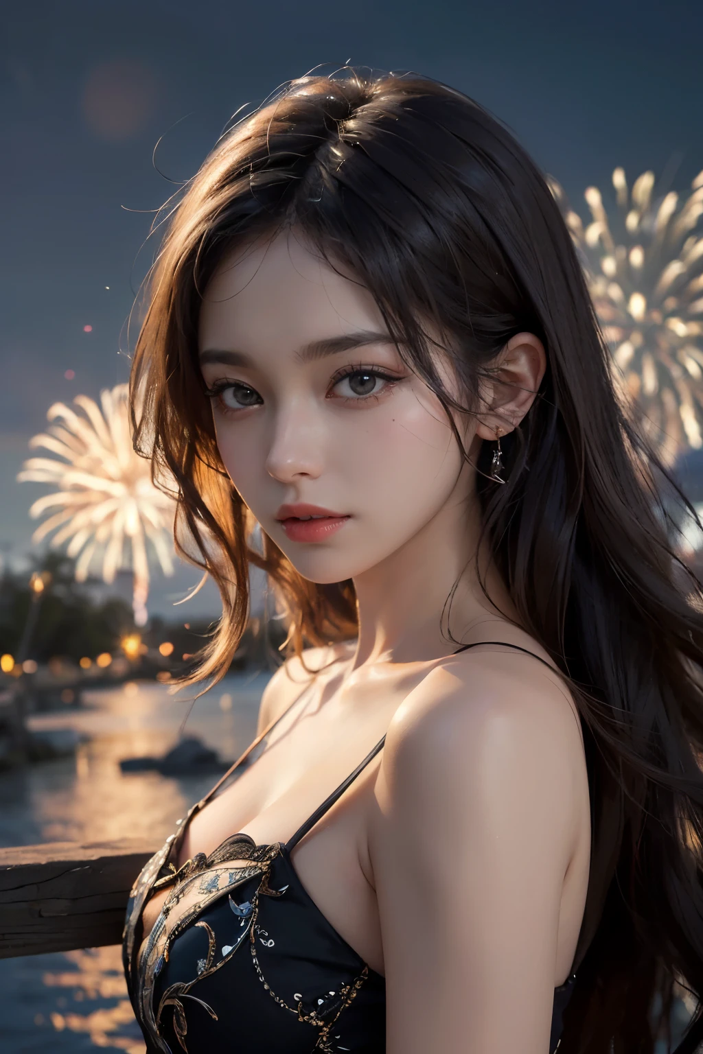 1 girl, beauty on the bridge, Exquisite eyes,beautiful and delicate lips,very detailed 눈과 얼굴,long eyelashes, wavy hair, enchanted scenery,(best quality,4K,8 thousand,high resolution,masterpiece:1.2),very detailed,(realistic,realistic,realistic:1.37), dynamic pose, Night scene with fireworks exploding,