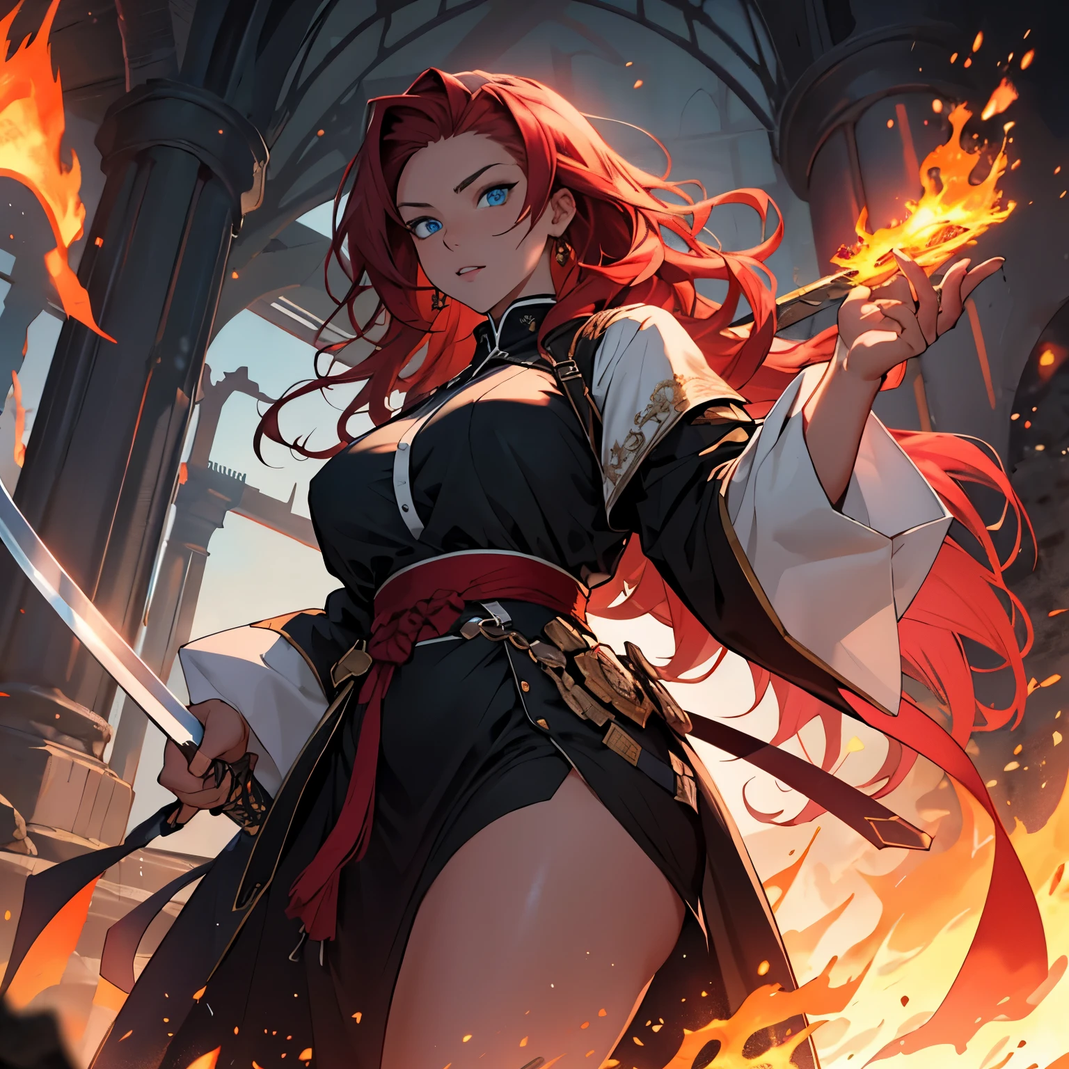 thick woman with long red wavy hair and blue eyes in a black warrior dress holding a sword and flames in the background