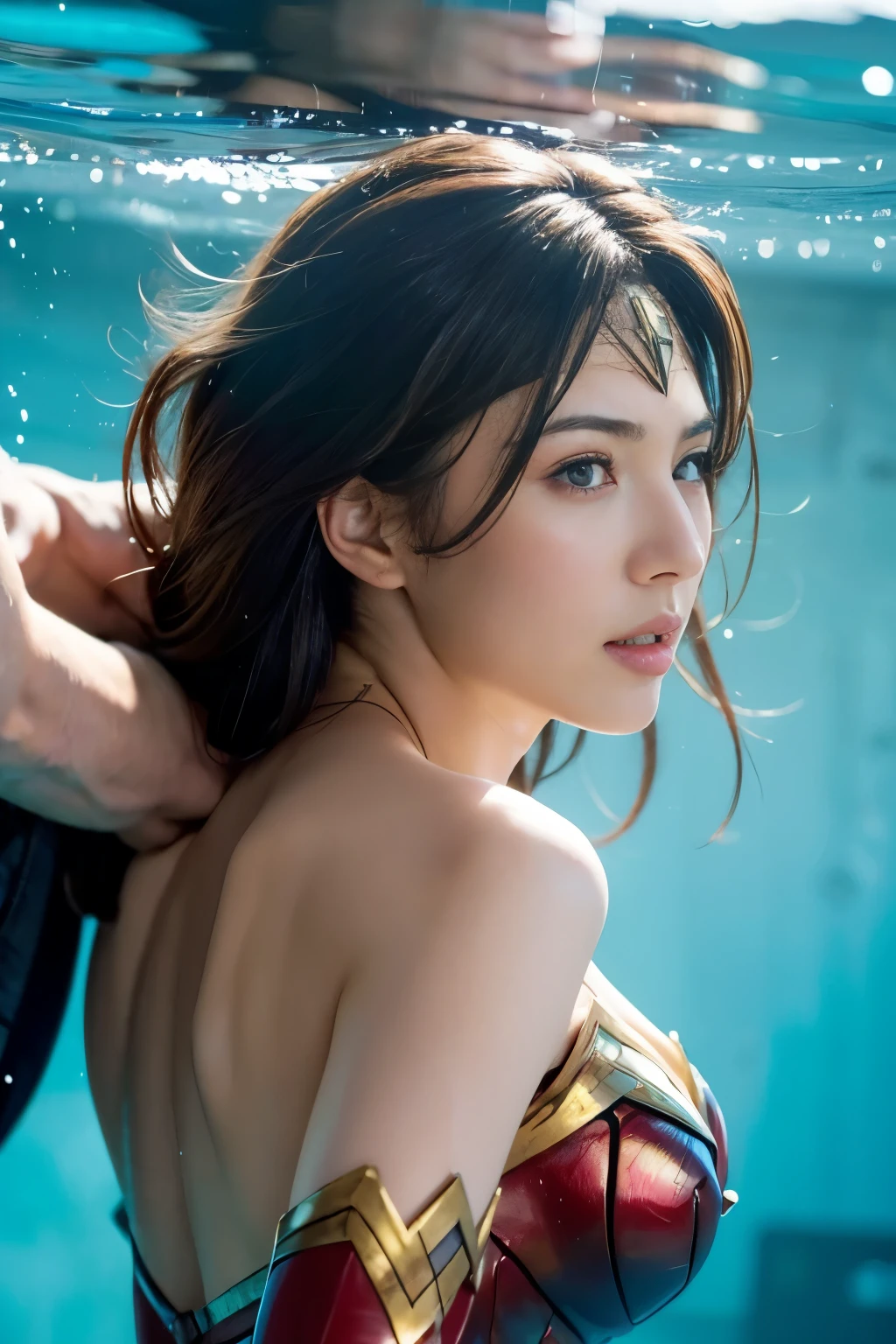 perfect wonder woman costume,turn away,back view,Being submerged in a pool,Drowning in the pool,Face submerged in water,dive underwater,Submerge your face in water,inside the pool,Inside the fountain,Soaked in water,Soaking wet wonder woman,sleeping face,Close ~ eyes,open your mouth,tired face,face of suffering,sleeping face,soaking wet hair,Soaked Hair,wet body,fight the men,surrounded by men,,caught between men,Being licked by men,Intertwining with men, Attacked by men,assaulted by men,Being bullied by guys,being sexually abused by a man,Captured by a man,Being detained by a man、touch your face,、Hair is pulled hard,My head is grabbed,Grab my head,brown hair, masterpiece、beautiful girl、fine 目、puffy eyes、highest quality, 超High resolution, (reality: 1.4), movie lighting,super beautiful、beautiful skin、(超reality的な)、(High resolution)、(8K)、(very detailed)、(beautiful and fine 目)、(Super detailed)、 detailed face、slanted bangeshi hair、brown hair、20-year-old、Wonder Woman Cosplay