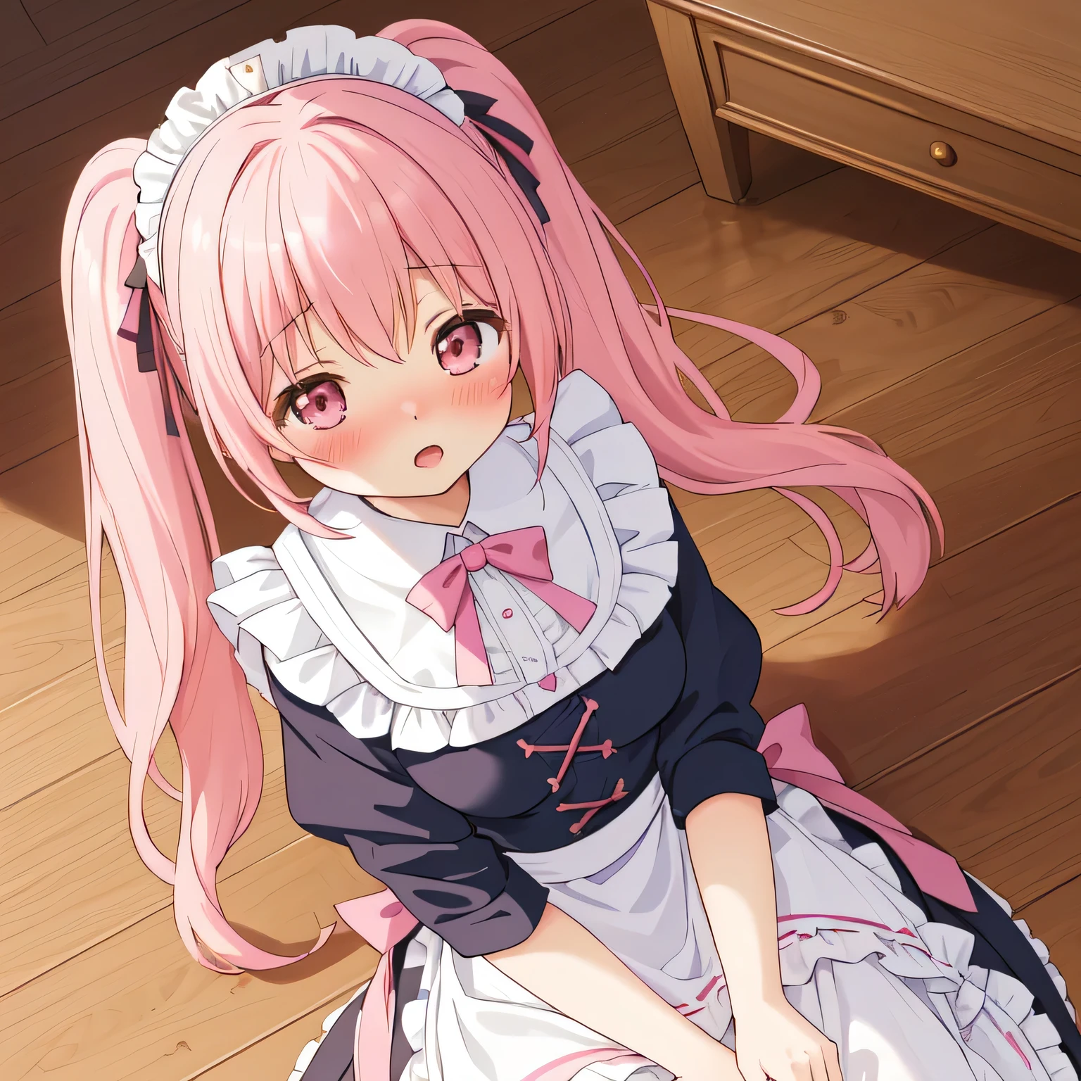 (best quality, masterpiece:1.2), illustrations, a cute girl, , very lovingly face, twintails, pink hair, maid wear, (blush, aroused, open mouth:1.2), kneeling on wooden floor, in front of standing viewer, (from above:1.5), over looking, in the livingroom, nsfw,