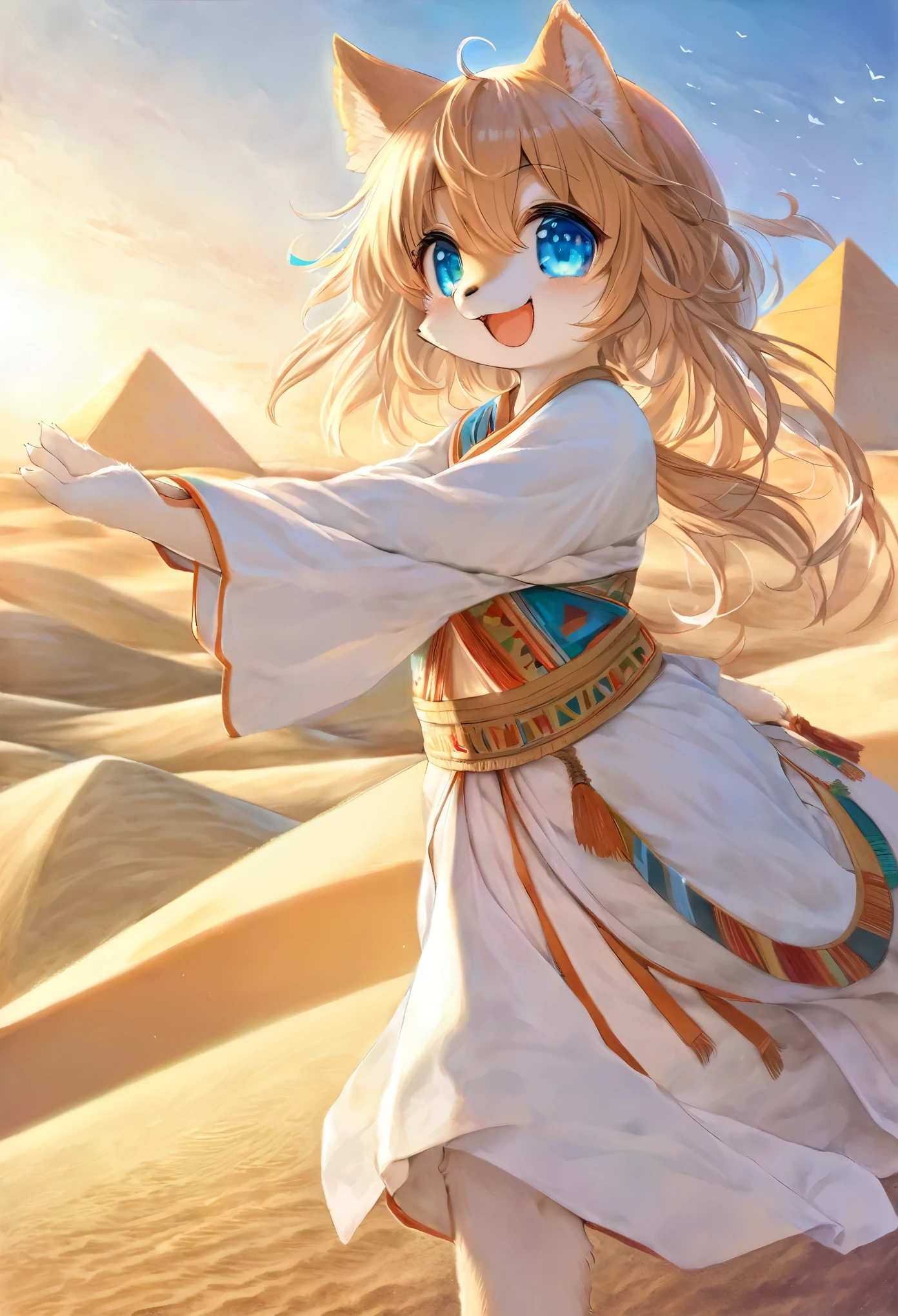 top quality, best quality, High-quality illustrations, masterpiece, super high resolution, detailed background, detailed background, desert, sand dunes, pyramid, Traditional costumes, 1girl, Natural subject pose,  Happy, joyful, absurdres(highly detailed beautiful face and eyes)perfect anatomy(kemono, furry anthro),