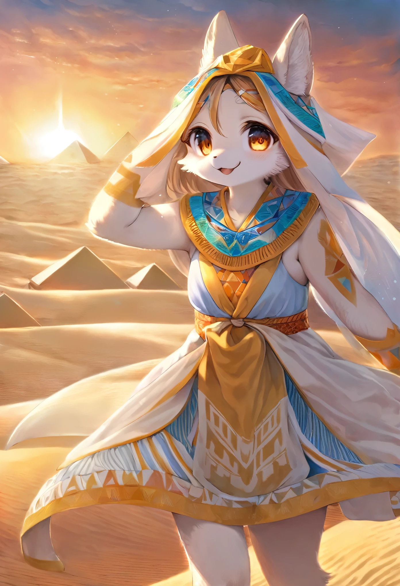 top quality, best quality, High-quality illustrations, masterpiece, super high resolution, detailed background, detailed background, desert, sand dunes, pyramid, Traditional costumes, 1girl, Natural subject pose, Happy, joyful, absurdres(highly detailed beautiful face and eyes)perfect anatomy(kemono, furry anthro),