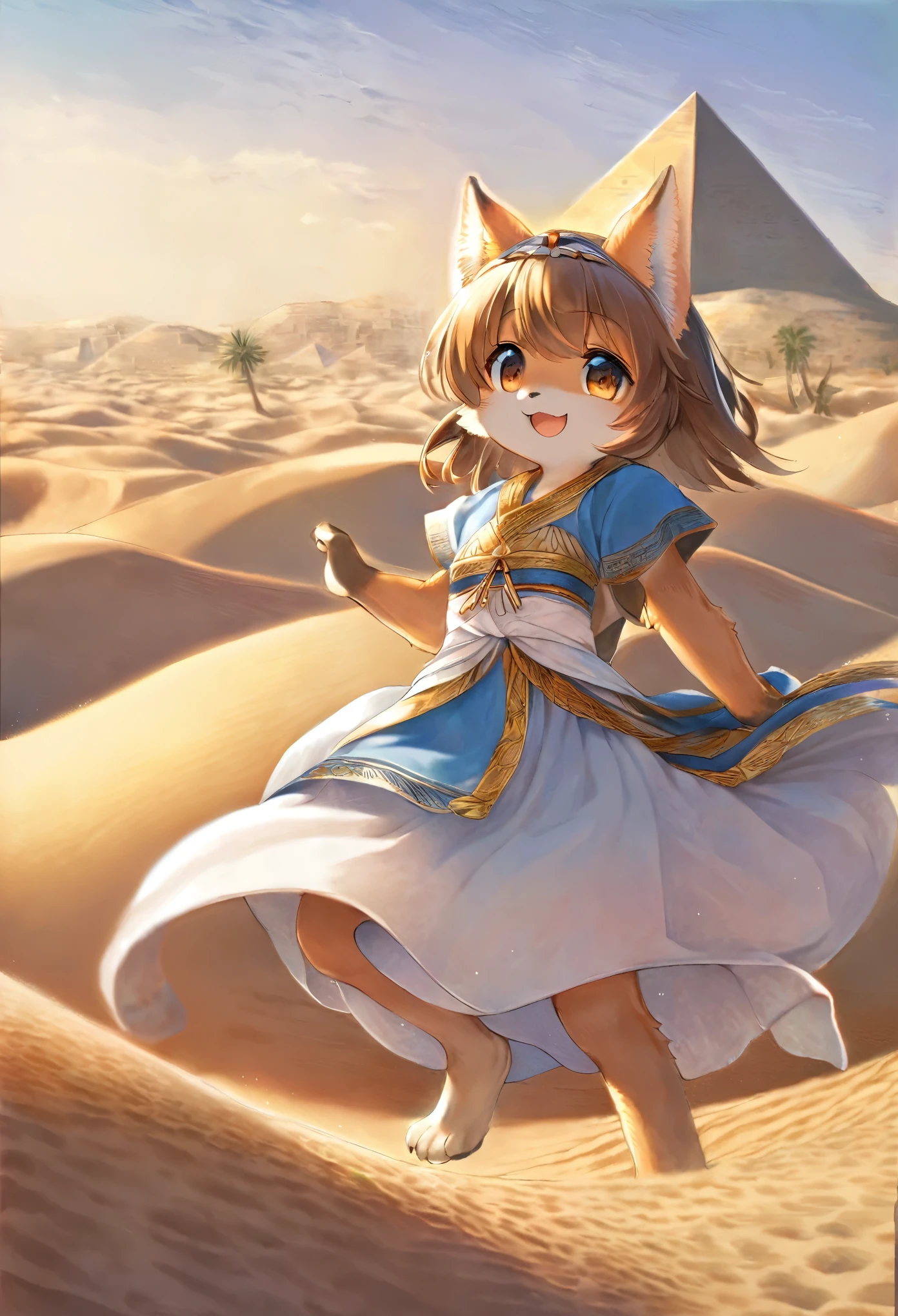 top quality, best quality, High-quality illustrations, masterpiece, super high resolution, detailed background, detailed background, desert, sand dunes, pyramid, Traditional costumes, 1girl, Natural subject pose, Happy, joyful, absurdres(highly detailed beautiful face and eyes)perfect anatomy(kemono, furry anthro),