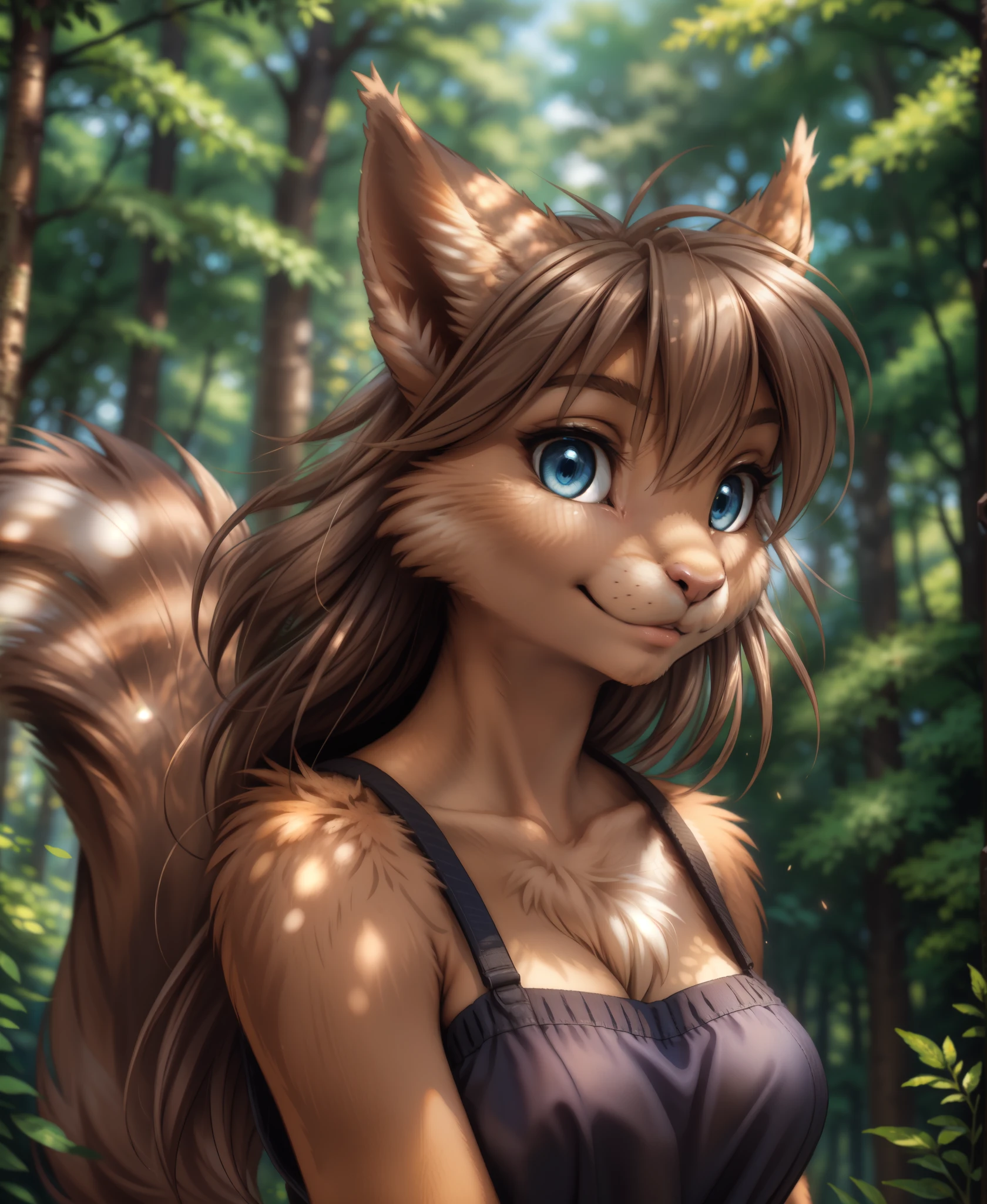 by kenket, by totesfleisch8, (by thebigslick, by silverfox5213:0.8), (by syuro:0.2),, mrs-nibbly, twokinds, (best quality, masterpiece:1), solo, furry female anthro, blue eyes, light brown hair, medium hair, squirrel tail, finger claws, portrait, looking at viewer, (outdoors dark forest trees blurry blurred background:1.1),