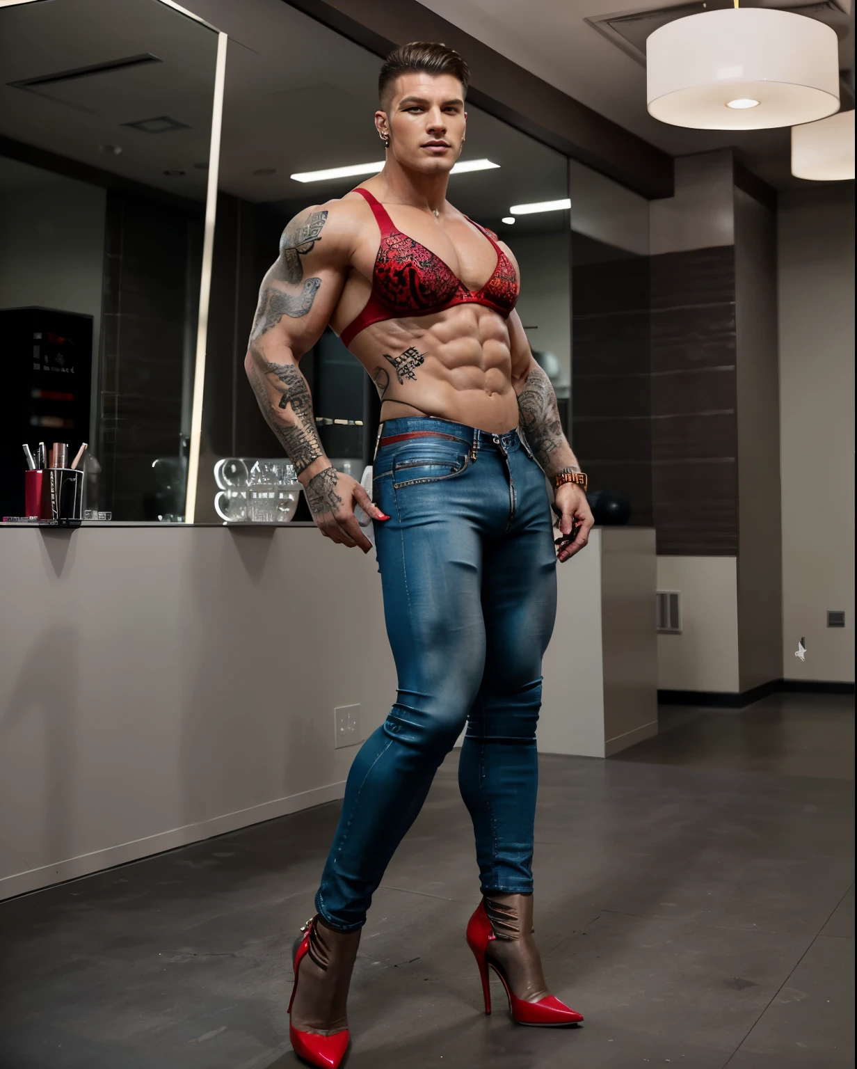 muscular hunk man with very short hair, yattoos, wearing a bra, tight jeans, leg high, highheels boots, fake red nails, earrings and makeup