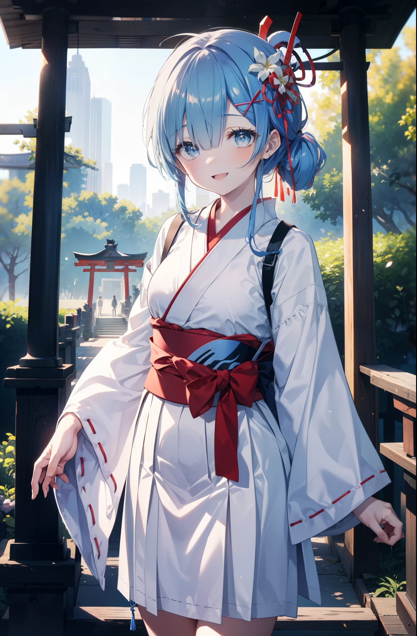 rezeroRem, Rem, blue eyes, blue hair, hair ornaments, hair above one eye, long hair,hair ribbon, x hair ornaments,happy smile, smile, open your mouth,skirt,Platycodon grandiflorum,Miko, white kimono, red hakama,white foot bag,Zori sandals,kimono, skirtと同様に, wide sleeve, long sleeve, ribbon trim sleeves, とてもlong hair, dull bangs, low ponytail, 
break outdoors,shrine,torii,
break looking at viewer, whole body,Upper body,,(cowboy shot:1.5),
break (masterpiece:1.2), highest quality, High resolution, unity 8k wallpaper, (shape:0.8), (fine and beautiful eyes:1.6), extRemely detailed face, perfect lighting, extRemely detailed CG, (perfect hands, perfect anatomy),