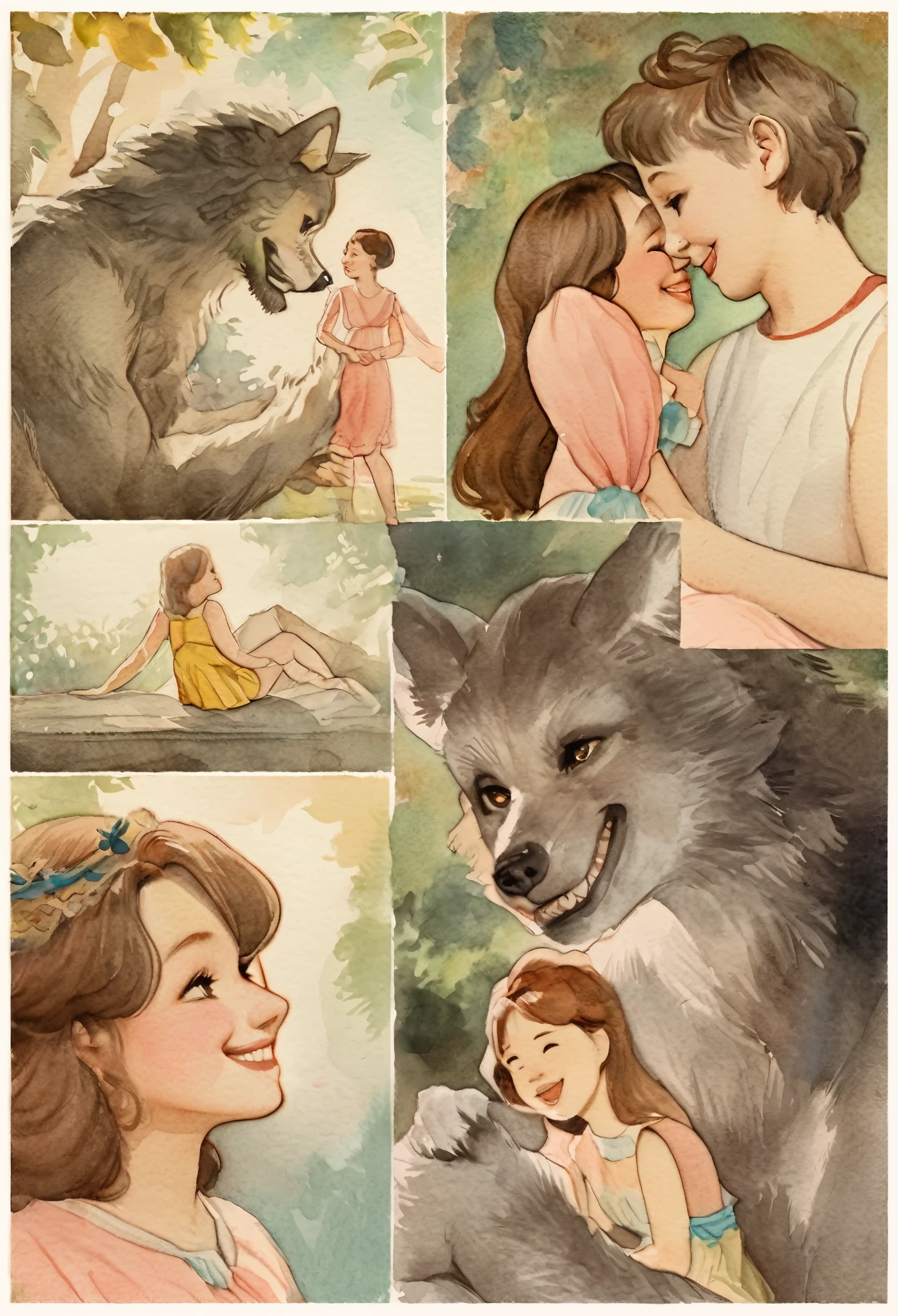 watercolor, soft color, Vintage images, highres, unparalleled masterpiece, absurdres, love story of human  girl and giant Werewolf, pair, Height difference, Physical difference, perfect anatomy, smile, joyful, play with, smile, happy, watercolor,