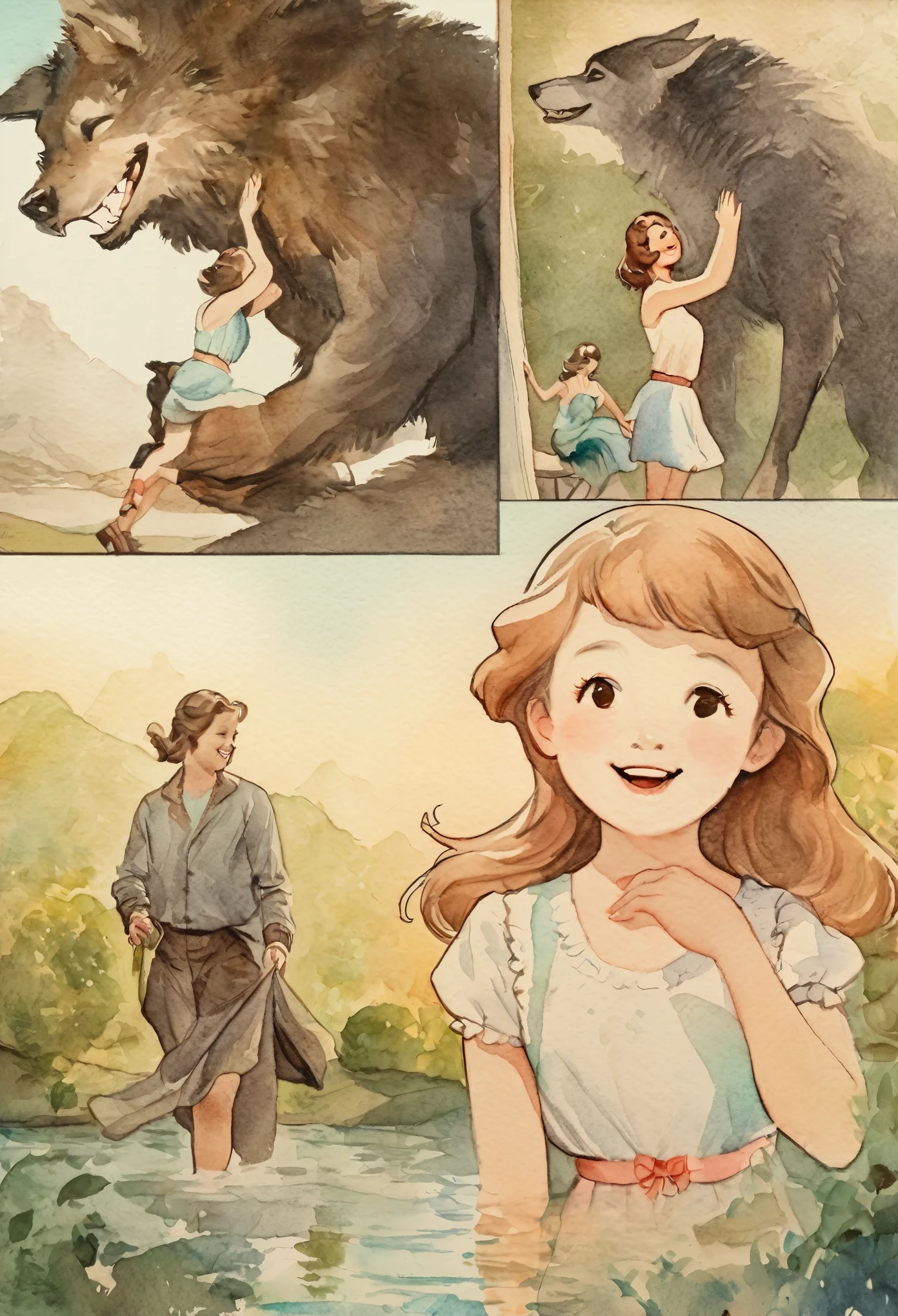 watercolor, soft color, Vintage images, highres, unparalleled masterpiece, absurdres, love story of human girl and giant Werewolf, pair, Height difference, Physical difference, perfect anatomy, smile, joyful, play with, smile, happy, watercolor,