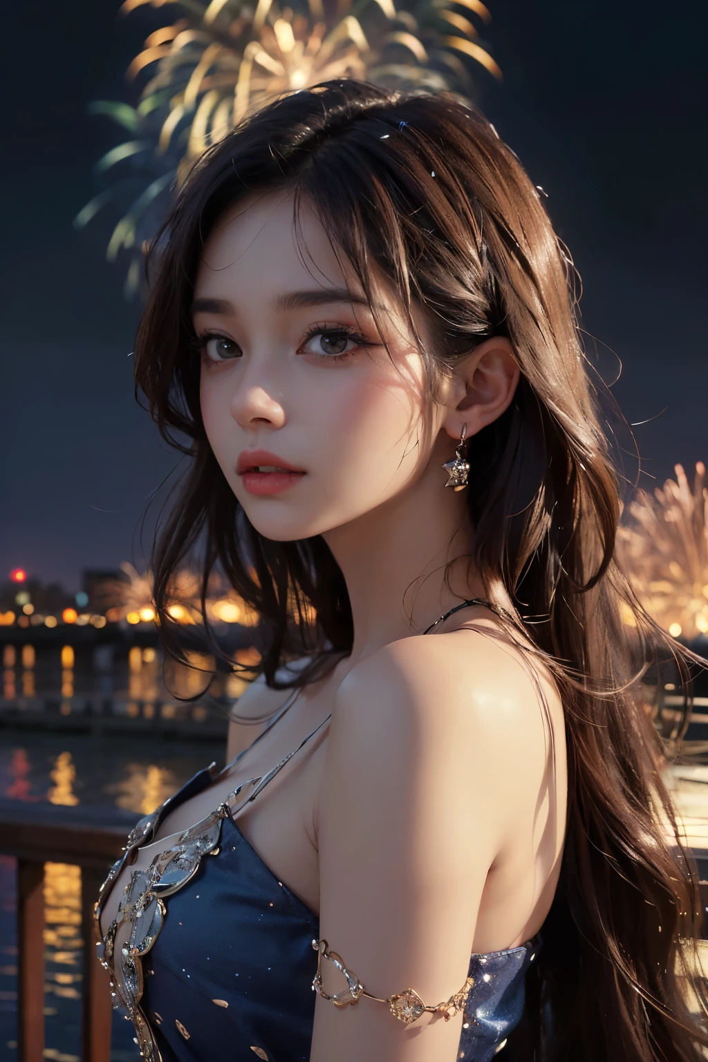 1 girl, beauty on the bridge, Exquisite eyes,beautiful and delicate lips,very detailed 눈과 얼굴,long eyelashes, wavy hair, enchanted scenery,(best quality,4K,8 thousand,high resolution,masterpiece:1.2),very detailed,(realistic,realistic,realistic:1.37), dynamic pose, Night scene with fireworks exploding,