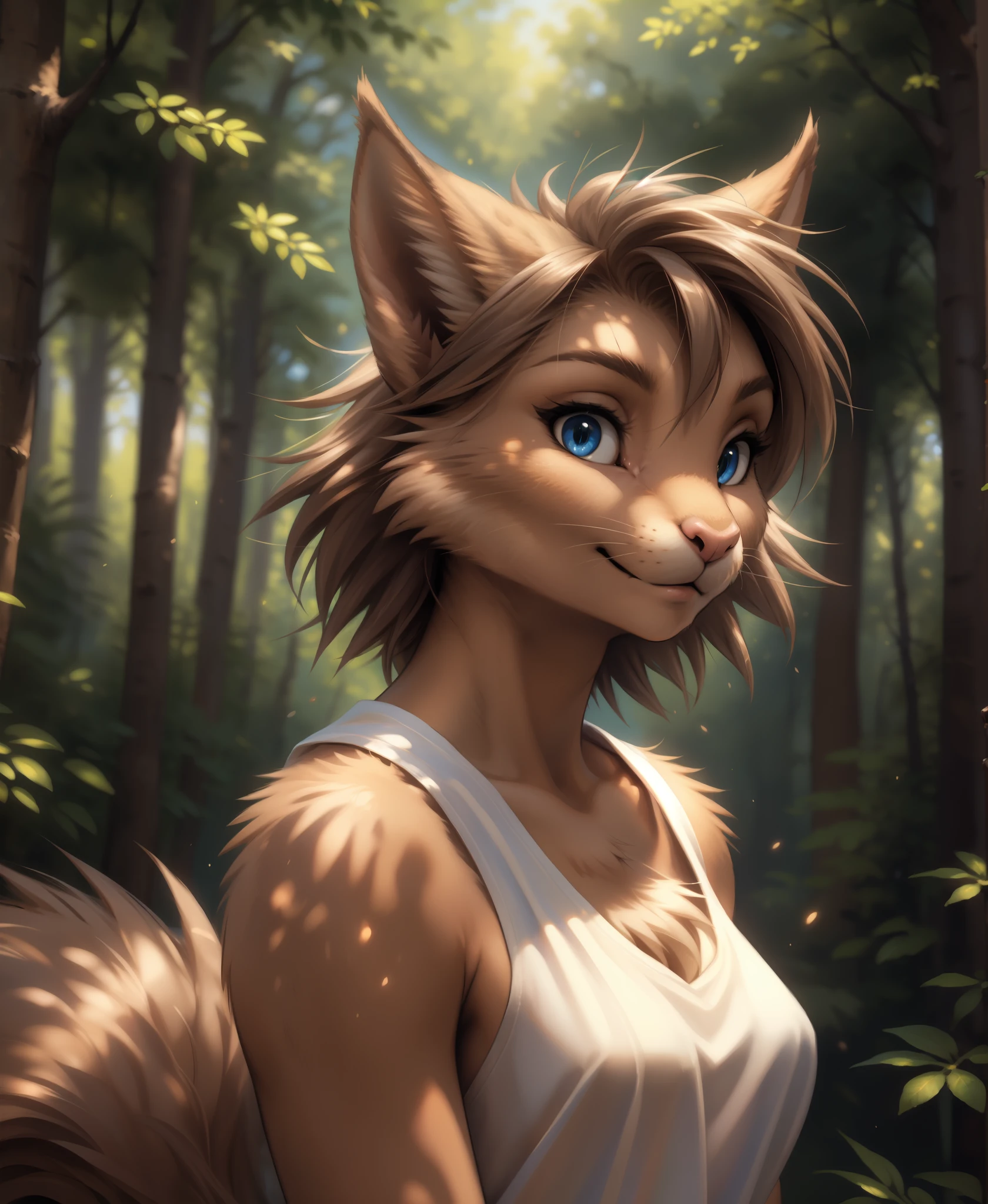 by kenket, by totesfleisch8, (by thebigslick, by silverfox5213:0.8), (by syuro:0.2),, mrs-nibbly, twokinds, (best quality, masterpiece:1), solo, furry female anthro, blue eyes, light brown hair, medium hair, squirrel tail, finger claws, portrait, looking at viewer, (outdoors dark forest trees blurry blurred background:1.1),