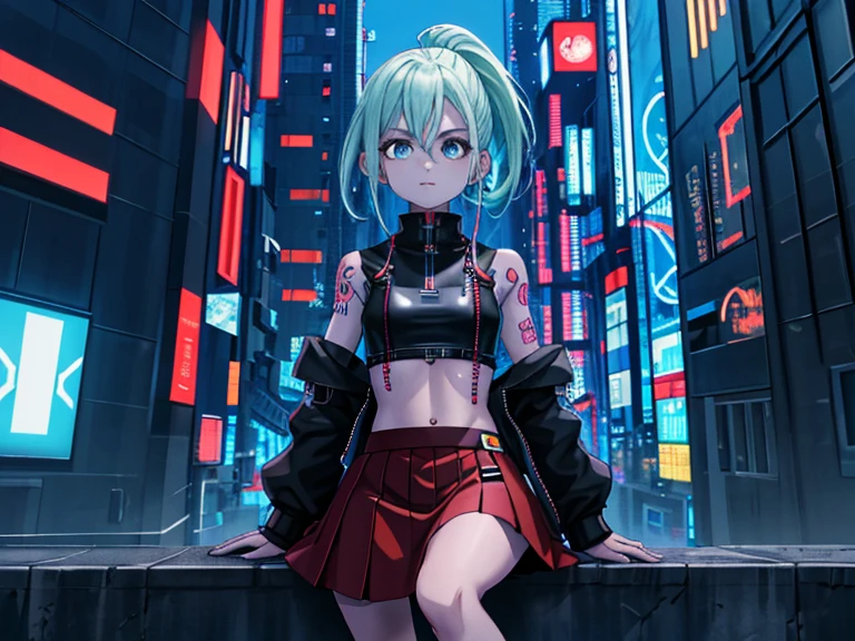 high resolution, obra-prima, melhor qualidade, 1girl, rebecca \(cyberpunk\), yamanaka ino, tattoo, sitting, roupa futurista, skirt, estilo cyberpunk neon, ao fundo cidade cyberpunk a noite, pele finamente detalhada, seios enormes, pernas muito musculosas