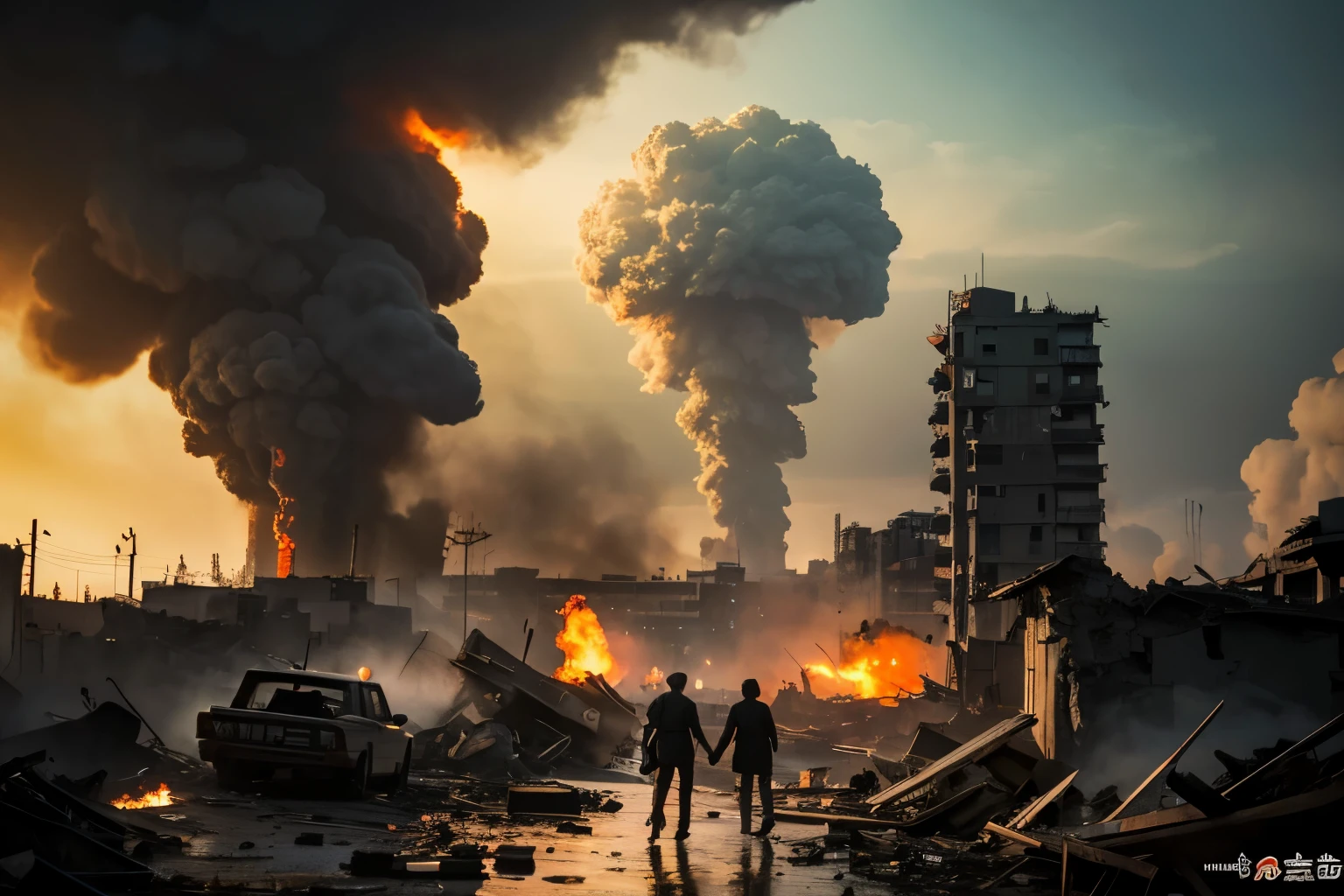 The city buildings in the sound of explosions, the ruined and towering ruins of the city, the ruins of the wall, the war is burning, the huge mushroom cloud, the smoke billowing, the sparks are splashed, the ruins are filled with the smoke of the war, the ruins hide countless sadness and sorrow, the damaged buildings are crumbling in the wind and rain, the streets are lost on both sides of the broken rubble, a lot of blown up and armored vehicles, Only the faint cry for help reminds people of the prosperity and vitality here once. In this ruins, life and death are intertwined, hope and despair coexist, forming a shocking war picture. The overall composition is impeccable. Surrealistic art, 8K, the artistic style is the description of the cruel scenes of war, with ultra-fine details, medium and long view, large scene, and high perspective. Distance perspective, depth, ambience of war light, suppression, -- 3:2 -- Stylized 500 --v5