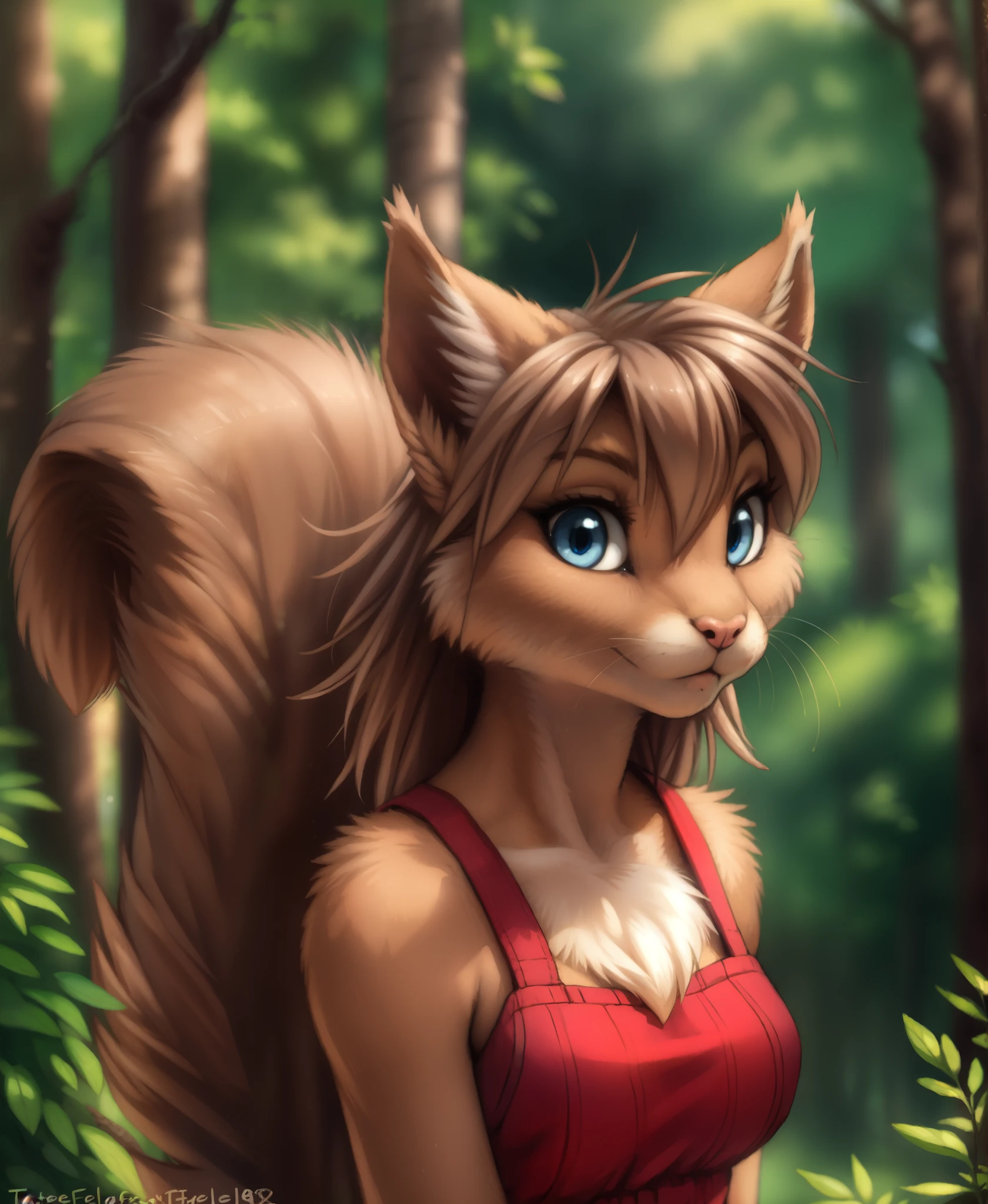 by kenket, by totesfleisch8, (by thebigslick, by silverfox5213:0.8), (by syuro:0.2),, mrs-nibbly, twokinds, (best quality, masterpiece:1), solo, furry female anthro, blue eyes, light brown hair, medium hair, squirrel tail, finger claws, portrait, looking at viewer, (outdoors dark forest trees blurry blurred background:1.1),