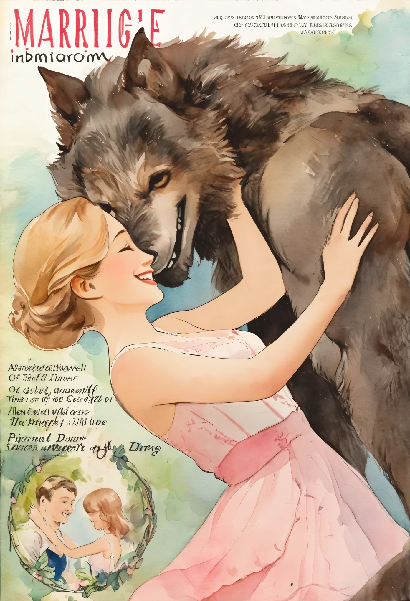 cover page, Marriage information Magazine, watercolor, soft color, Vintage images, highres, unparalleled masterpiece, absurdres, love story of human girl and giant Werewolf, pair, Height difference, Physical difference, perfect anatomy, smile, joyful, play with, smile, happy, watercolor,