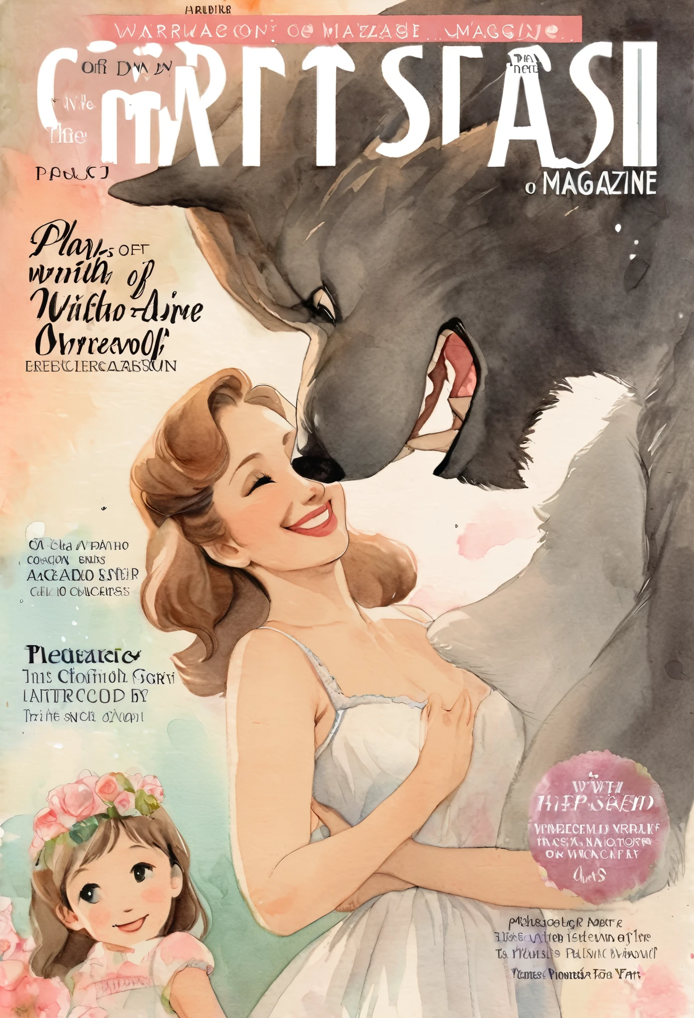 cover page, Marriage information Magazine, watercolor, soft color, Vintage images, highres, unparalleled masterpiece, absurdres, love story of human girl and giant Werewolf, pair, Height difference, Physical difference, perfect anatomy, smile, joyful, play with, smile, happy, watercolor,