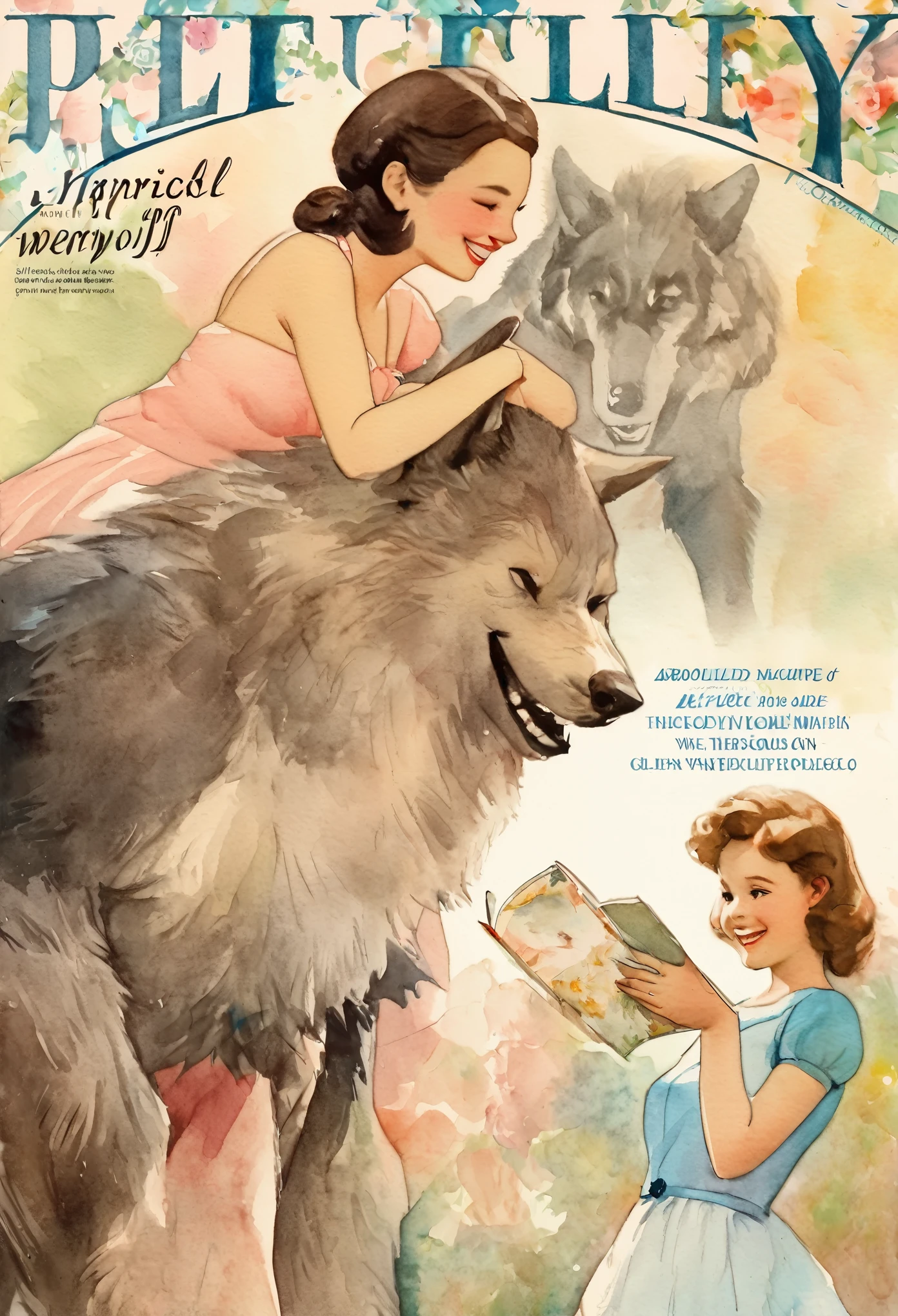 cover page, Marriage information Magazine, watercolor, soft color, Vintage images, highres, unparalleled masterpiece, absurdres, love story of human girl and giant Werewolf, pair, Height difference, Physical difference, perfect anatomy, smile, joyful, play with, smile, happy, watercolor,