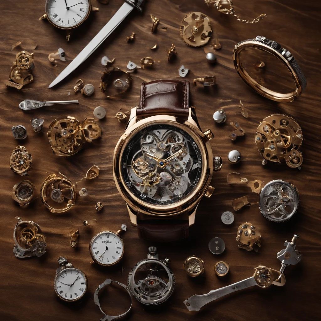 generate an image of a luxury watch completely disassembled with the pieces together on a wooden table white background