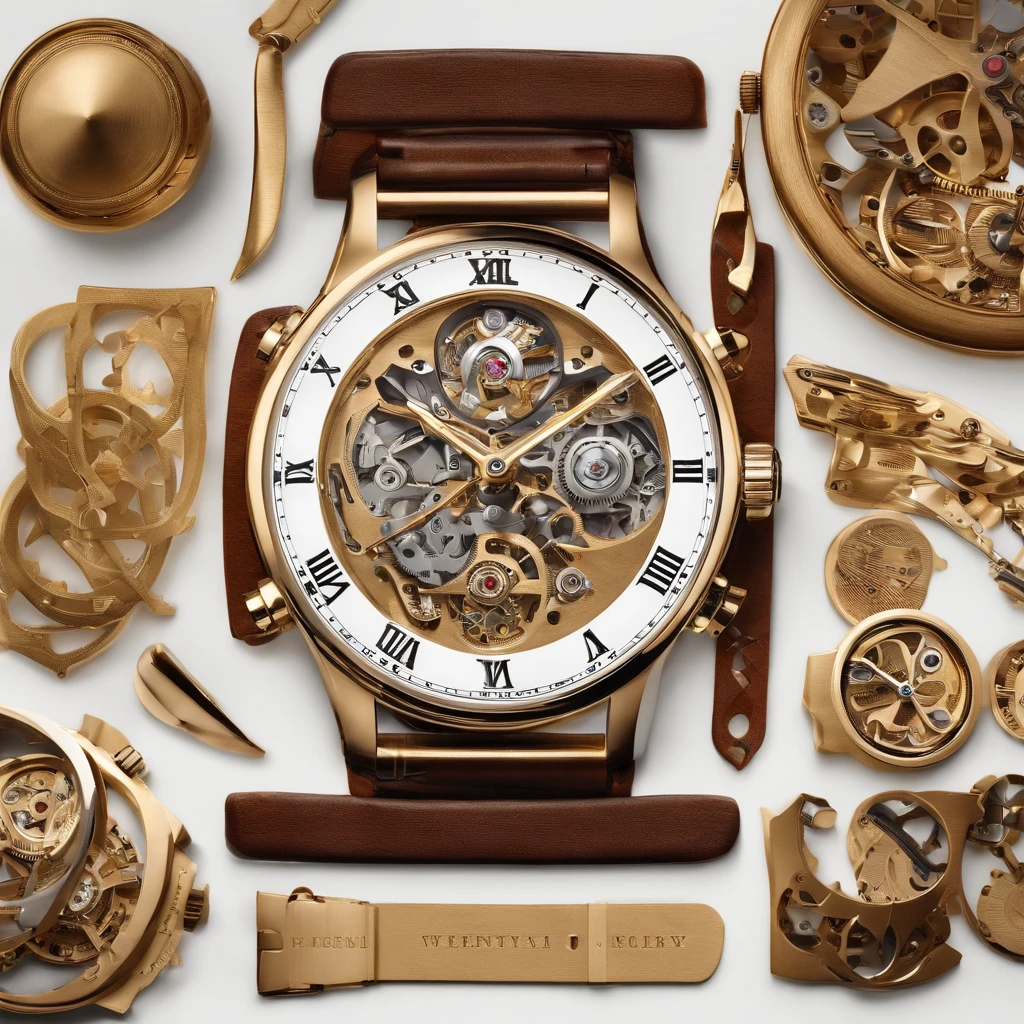 generate an image of a luxury watch completely disassembled with the pieces together on a wooden table white background