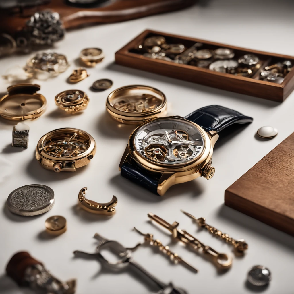 generate an image of a luxury watch completely disassembled with the pieces together on a wooden table white background