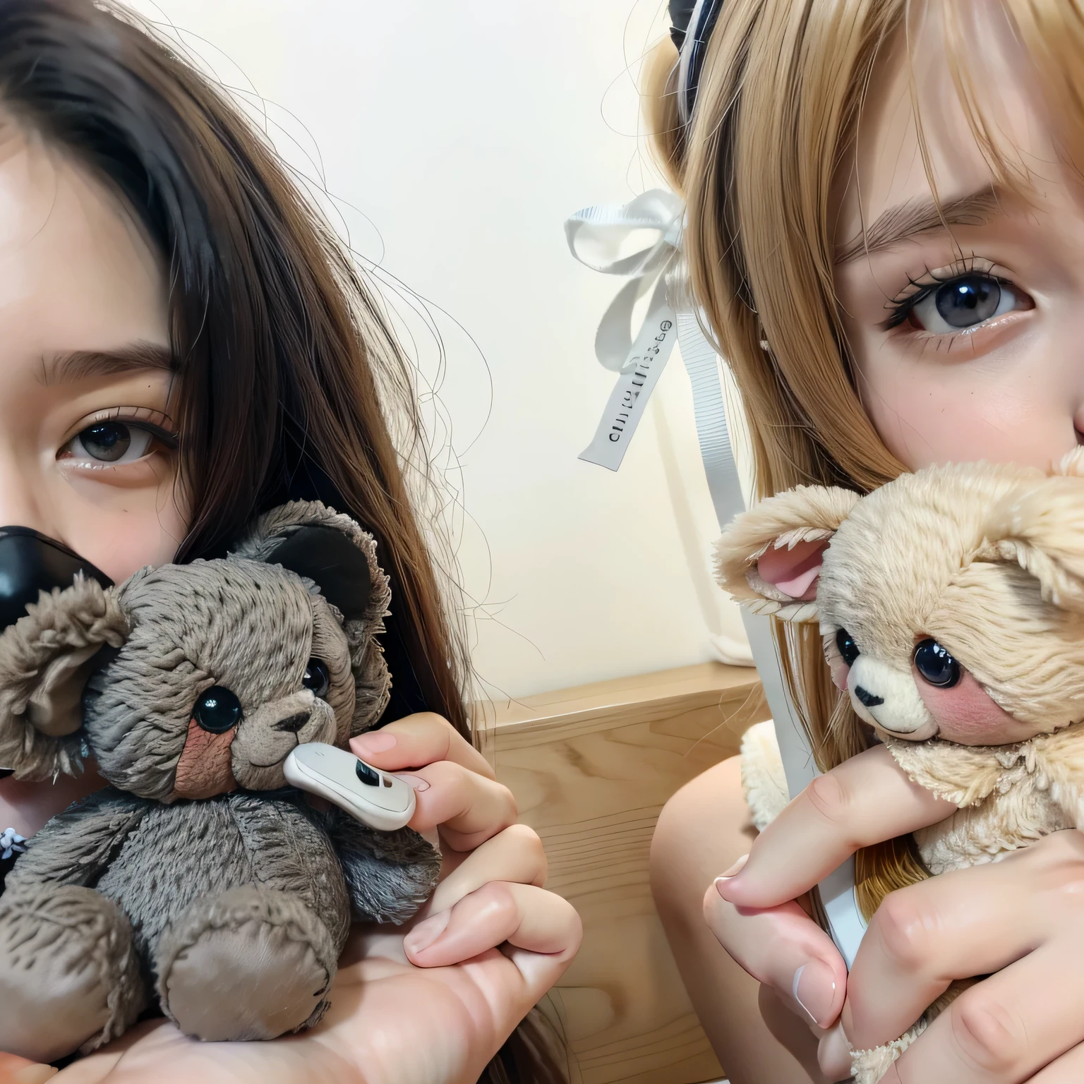 they are two girls holding teddy bears and a cell phone, captured on canon eos r 6, taken with sony alpha 9, plushie photography, kemonomimi, yoshitomo nara and aya takano, ayami kojima and lyde caldwell, Beast, taken with canon 8 0 d, with two characters, tsurime eyes
