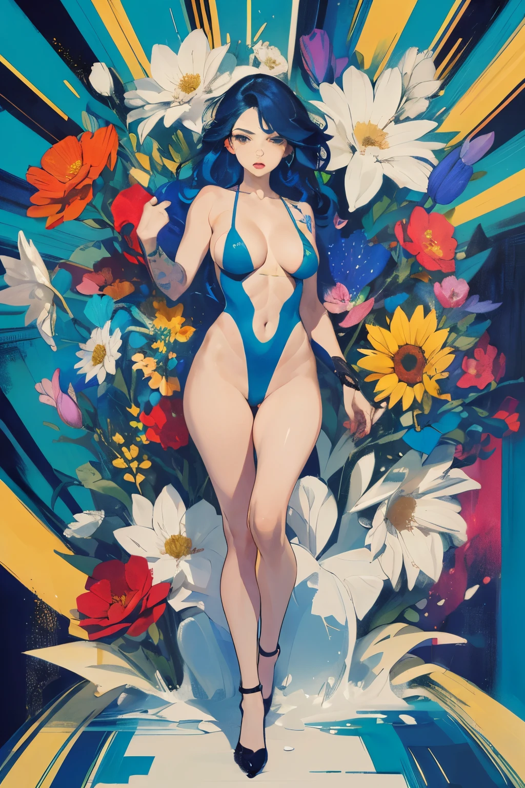 (masterpiece,top quality,best quality,official art,beautiful and aesthetic:1.2),((1 girl:1.4)),extreme detailed,(joshua middleton comic cover art:1.1),(Action painting:1.2),(concretism:1.2),(hypermaximalistic:1.5),(colorful:1.1),highest detailed,((droptear large_breasts:1.35)),(Action painting on body and face:1.2),(18 years old young girl),((fair and white skin)),(splash art),tonka,(full_body:1.2),(colorful flowers tattoos all over the body),theater dance scene,skinny,(one-piece skin-tight garment),(sexual suggestiveness:1.35),tiny high and light color bikini,best lighting,