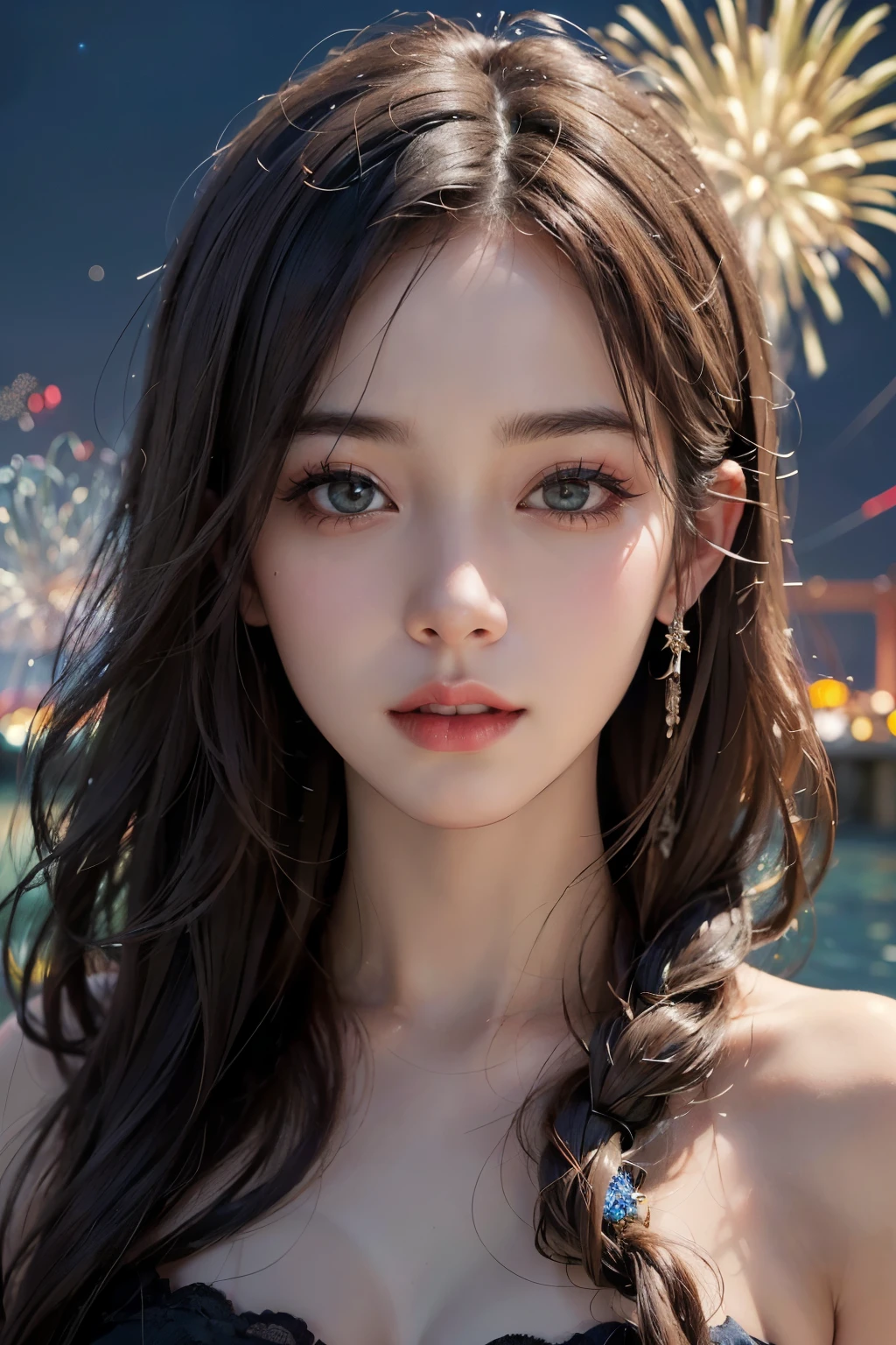 1 girl, beauty on the bridge, Exquisite eyes,beautiful and delicate lips,very detailed 눈과 얼굴,long eyelashes, wavy hair, enchanted scenery,(best quality,4K,8 thousand,high resolution,masterpiece:1.2),very detailed,(realistic,realistic,realistic:1.37), dynamic pose, Night scene with fireworks exploding,