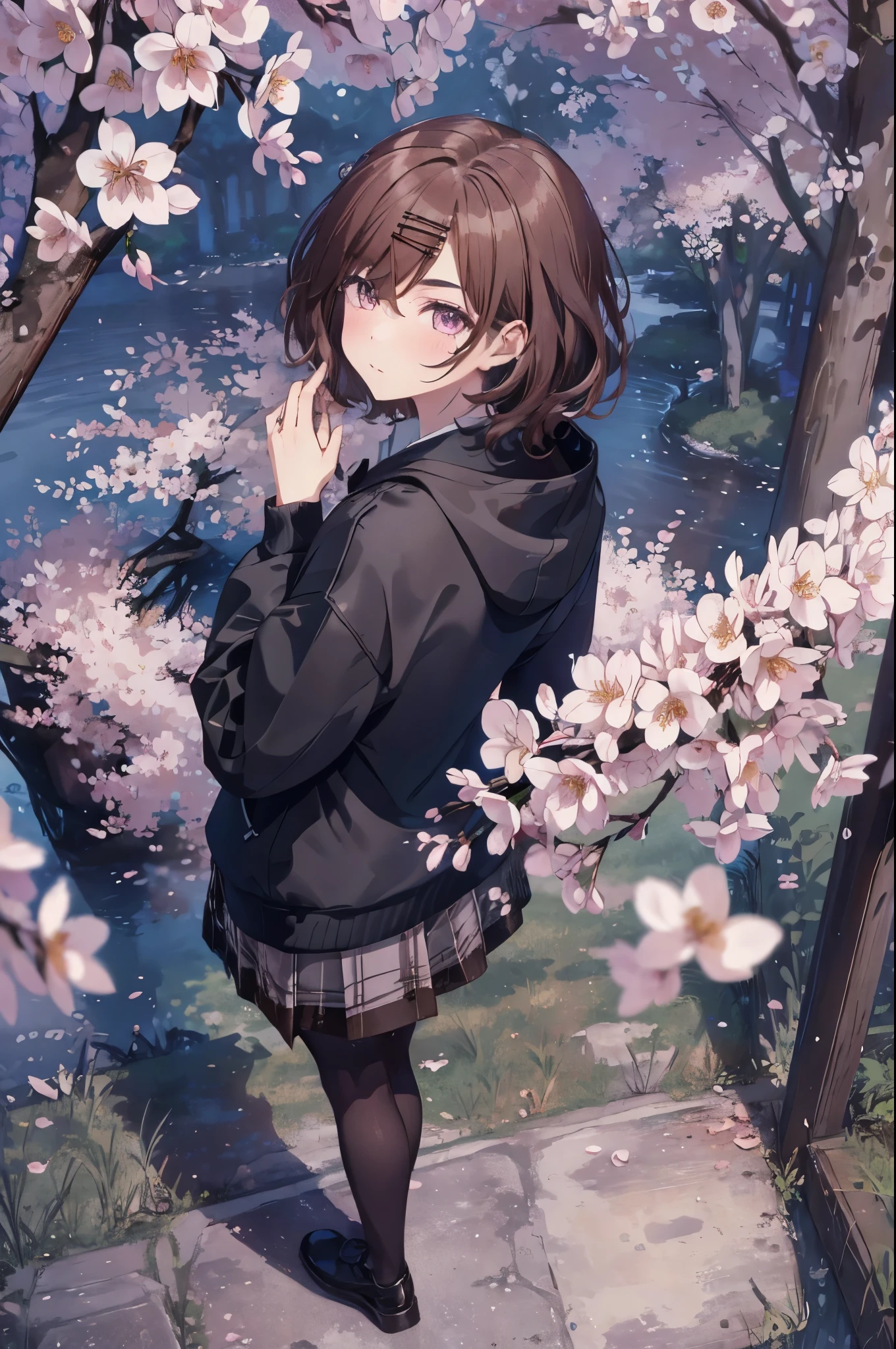 ((highest quality)), ((masterpiece)) (best image quality, masterpiece:1.2), (super detail drawing),(from behind:1.4), from above、(face focus:1.4), A kaleidoscope of vibrant blossoms and enchanting cherry trees々surrounded by、A girl stands in a breathtaking city landscape。(Walking through the cherry blossom district:1.2),(sky scraper:0.6) ,The starry sky above is illuminated with mysterious colorful lights, Create a fantastic atmosphere, BREAK ①Quality:(1girl:1.3),(Perfect hands:1.3),(Perfect Anatomy:1.3), (master piece:1.3),(best quality:1.3), detailed,8k ②th:high resolution,beautiful detailed eyes, cute eyes, sparkling pupils, Intricate Iris Details, Captivating Eye Reflections, Sparkling Highlights in the Eyes, Depth and Dimension in the Pupils, Subtle Color Variations in the Iris, Meticulous Eyelash Details, detailed eyes, ③Lighting:Best Illumination, Part ④⑤: ultra-detailed face,detailed skin, ⑥Body shape:(slender body type:1.3), Seven heads, small head, ⑦Skin: ⑧Expression:(blush:1.1), looking back, waiting for a kiss, ⑨Style: BREAK 10. Subject:aamadoka,(mole under eye:0.8),short hair,bangs,hairclip,black sweater,hood,long sleeves,collared shirt,plaid skirt,grey skirt,(black pantyhose:1.4), thighband pantyhose,loafers,brown footwear, short hair、bangs、Hair clip ⑪Hair: shiny hair, floating hair, short hair, brown hair, mole under eye, mole, hair ornament, hairclip, BREAK ⑪髪: shiny hair, floating hair, short hair, brown hair, mole under eye, mole, hair ornament, hairclip, BREAK ⑫Environment: ⑬Composition: ⑭Costume : piercing, (wrinkles between eyebrows:1.3)、