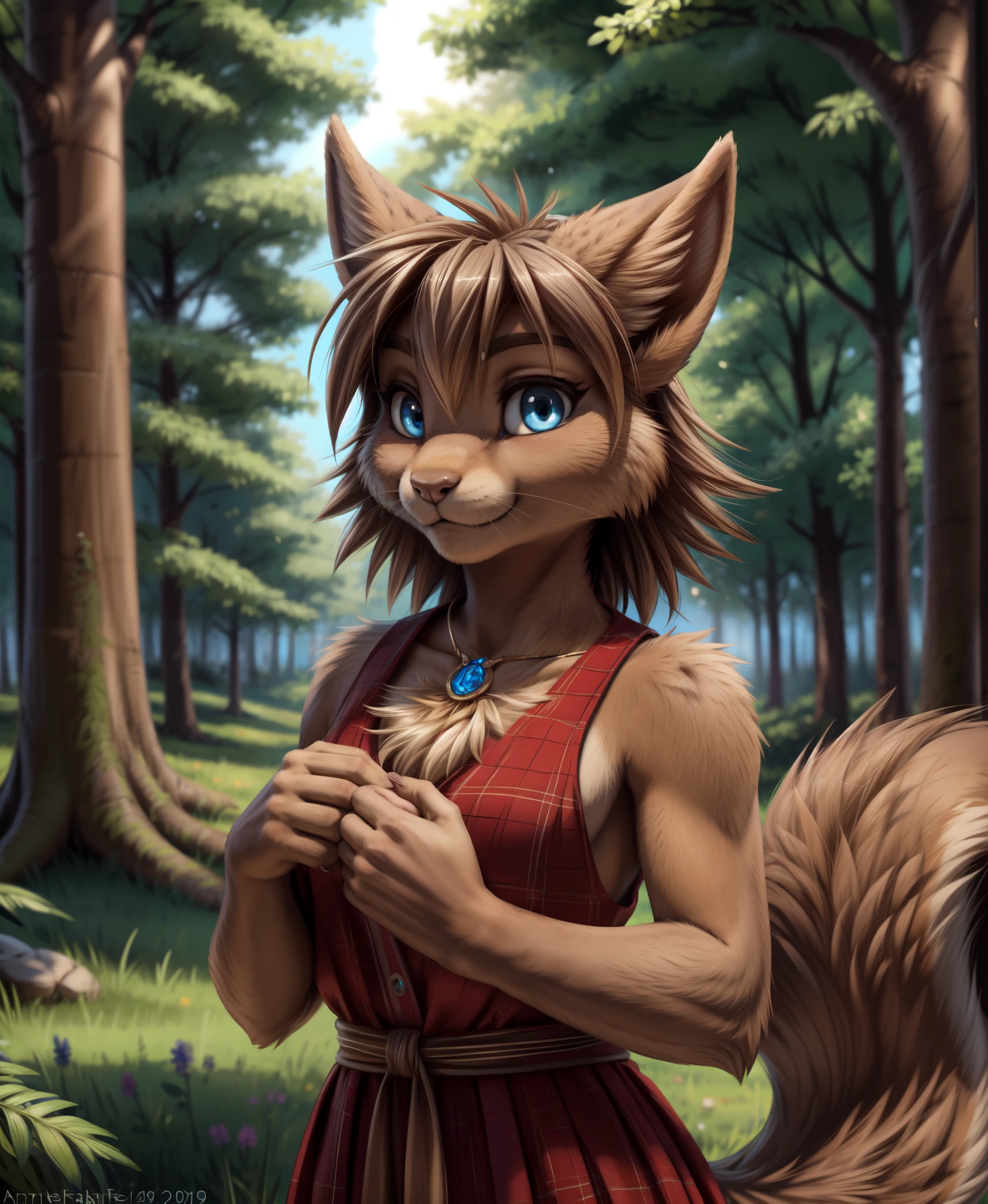 by kenket, by totesfleisch8, (by thebigslick, by silverfox5213:0.8), (by syuro:0.2),, mrs-nibbly, twokinds, (best quality, masterpiece:1), solo, furry female anthro, blue eyes, light brown hair, medium hair, squirrel tail, finger claws, portrait, looking at viewer, (outdoors dark forest trees blurry blurred background:1.1),