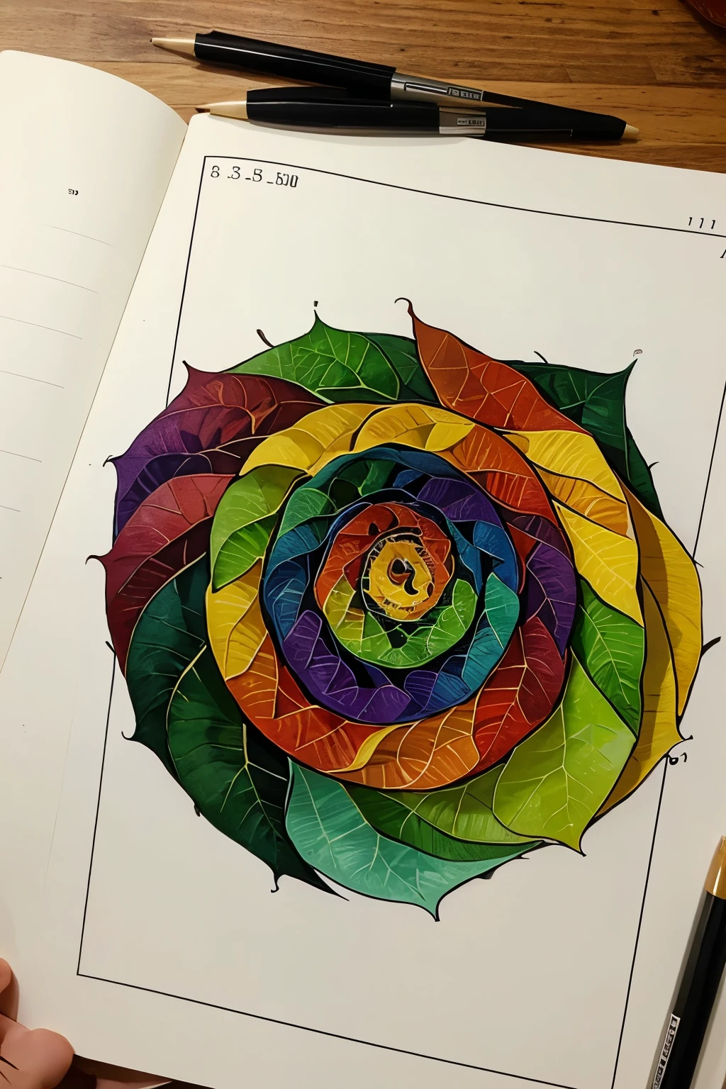 make a colorful design with fibonacci pattern with leaves