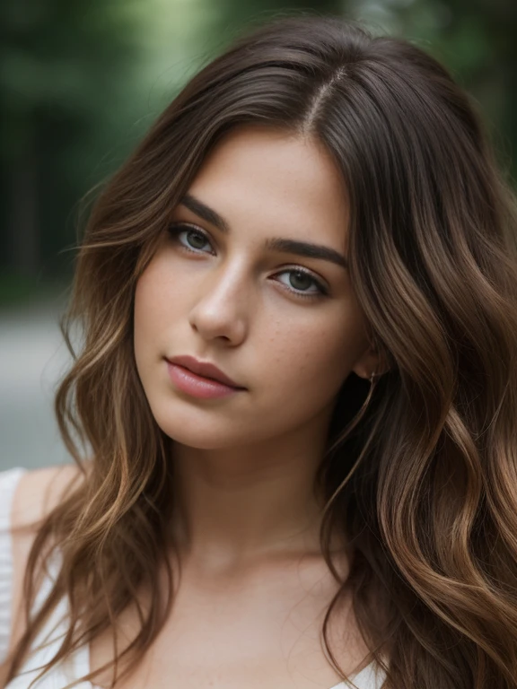 (best quality,8k,highres:1.2), facing viewer, solo focus, alone in photo, 1girl in frame, beautiful detailed eyes, beautiful detailed lips, extremely detailed face, 21-year-old model, freckles on the cheekbone, 1 Lithuanian model, arafed dark brown hair, skinny body, oval-shaped face, hazel eyes, slender woman, long wavy hair, tan skin, depth of field, cinematic lighting, UHD, masterpiece, best quality, highres, ccurate